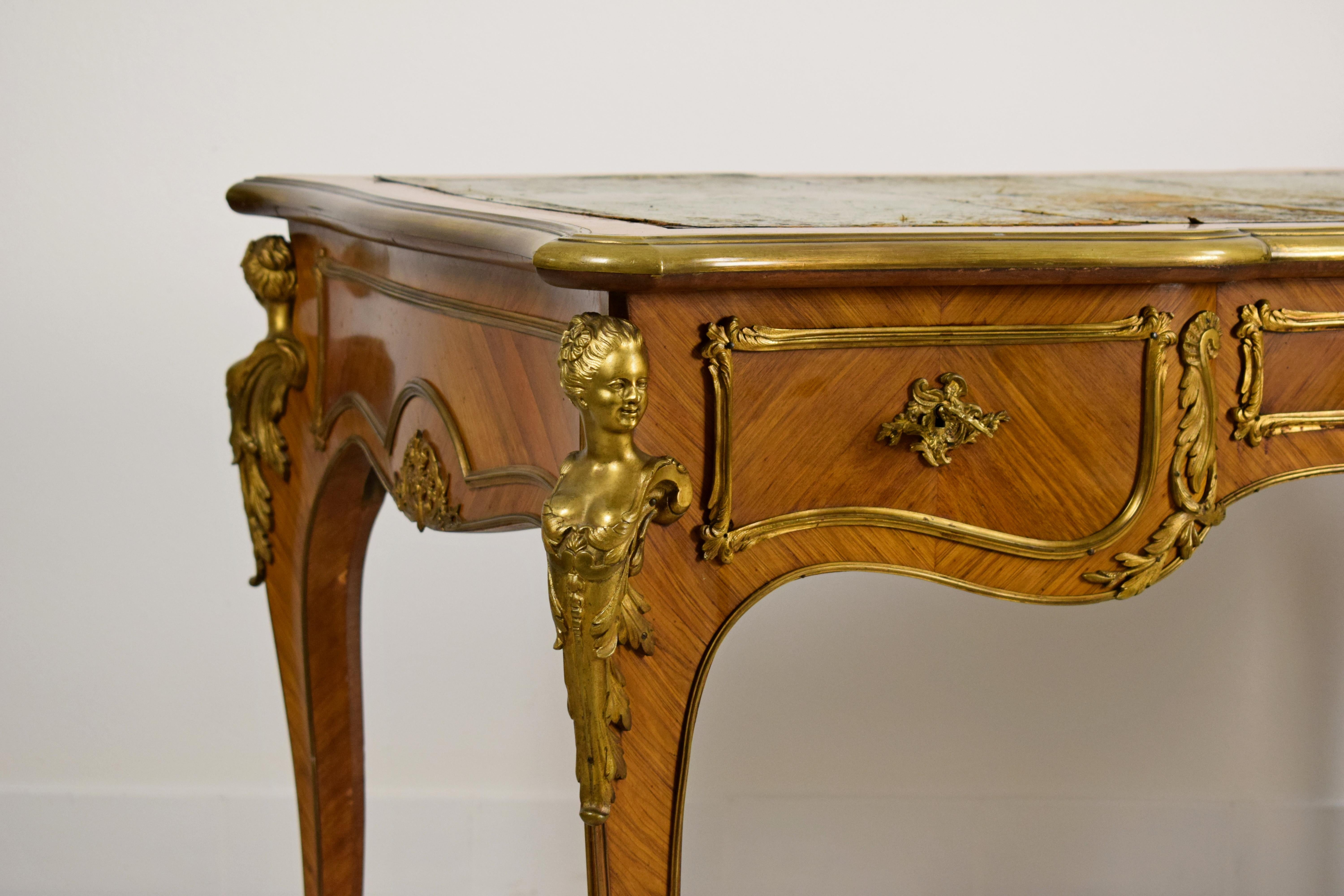 19th Century, French Louis XV Style Wood Centre Desk with Gilt Bronze For Sale 15