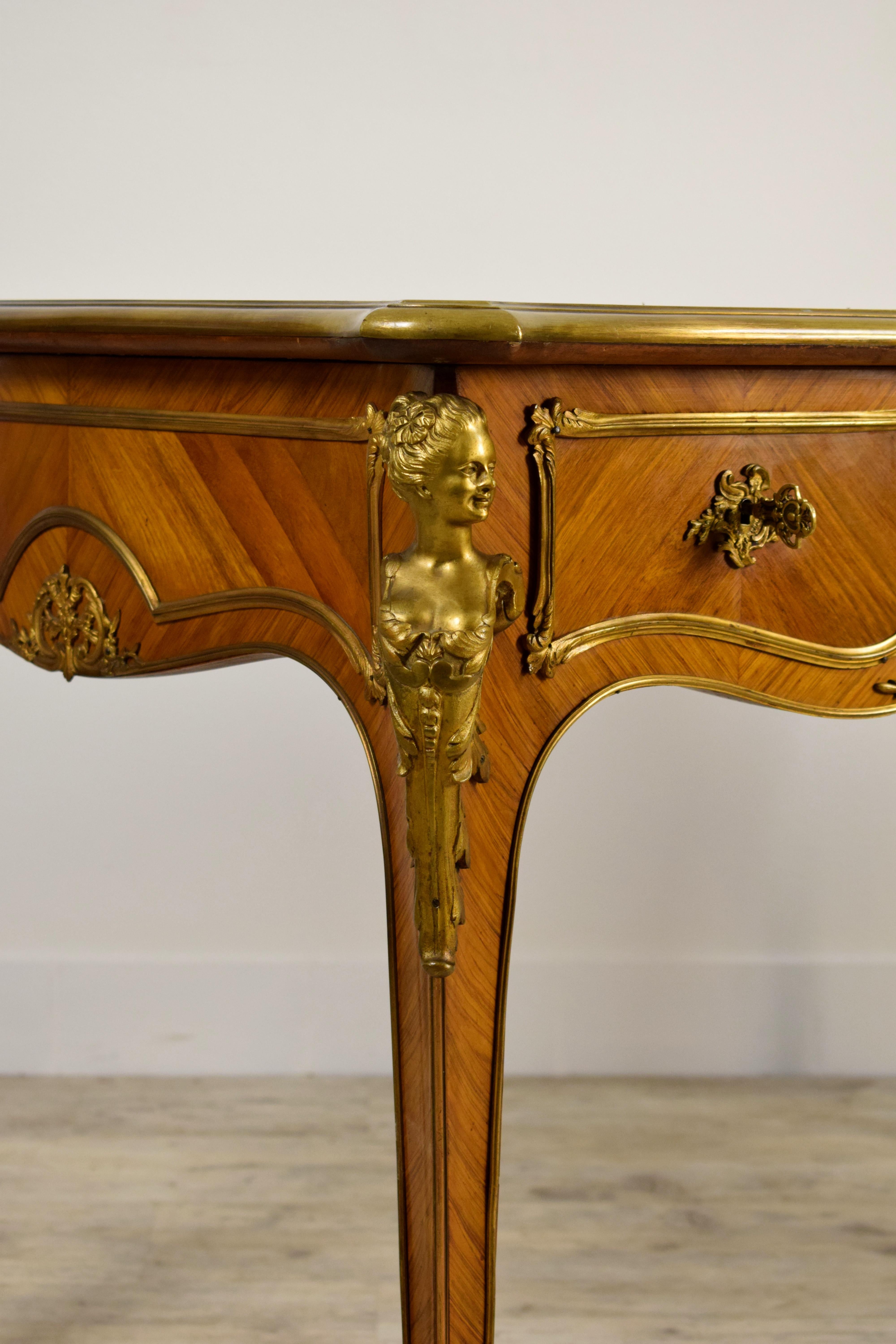 19th Century, French Louis XV Style Wood Centre Desk with Gilt Bronze For Sale 17