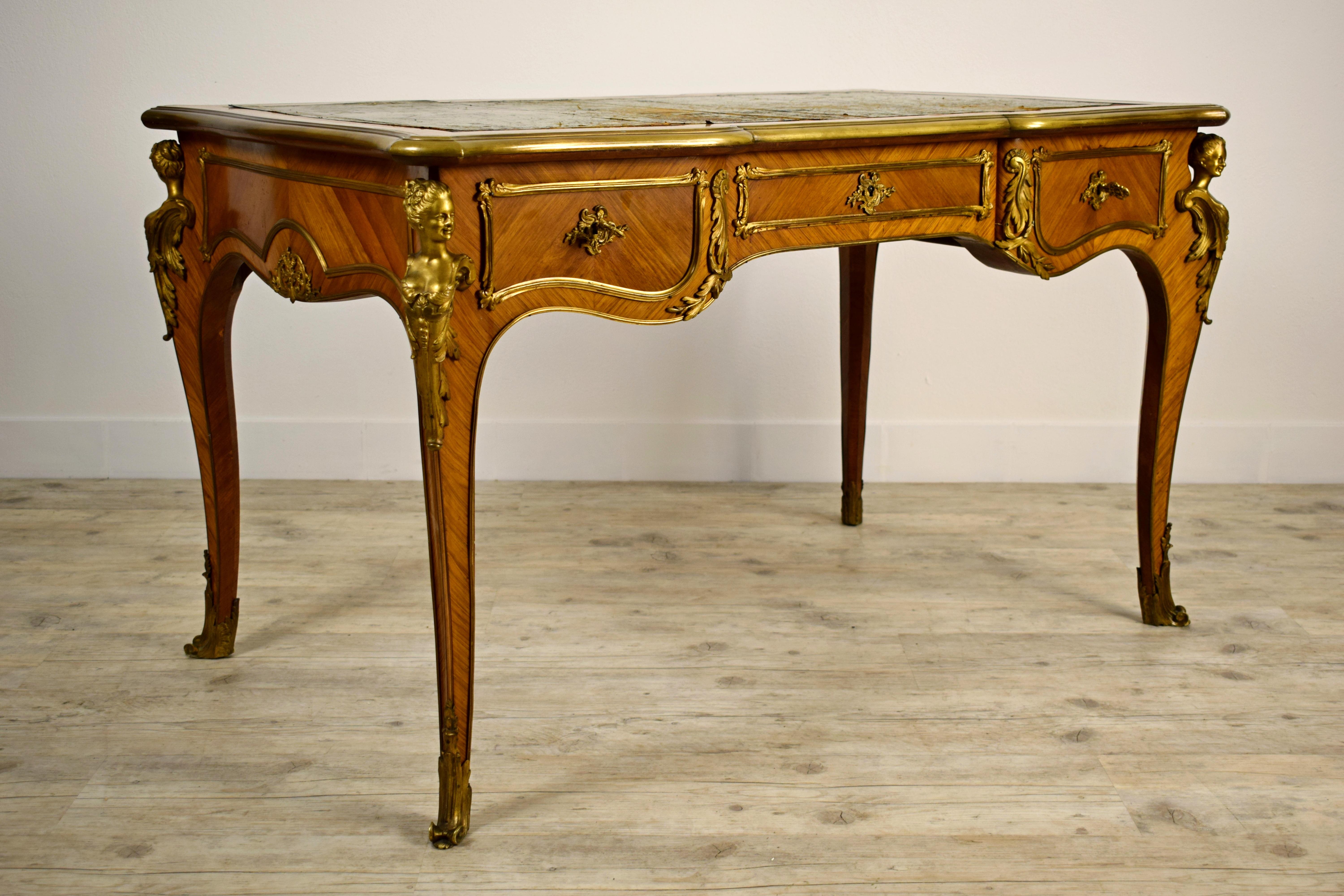 19th Century, French Louis XV Style Wood Centre Desk with Gilt Bronze For Sale 2