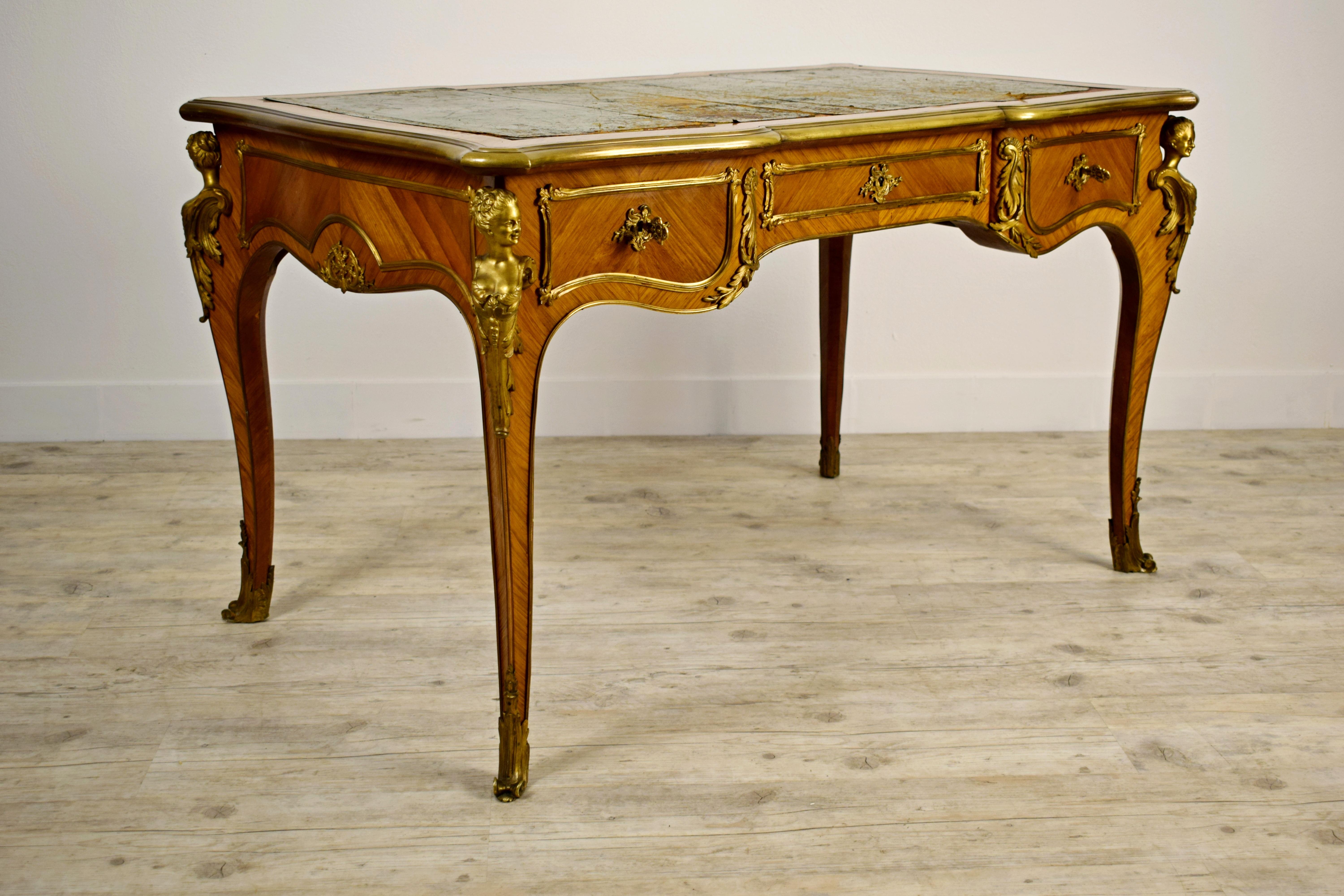 19th Century, French Louis XV Style Wood Centre Desk with Gilt Bronze For Sale 3