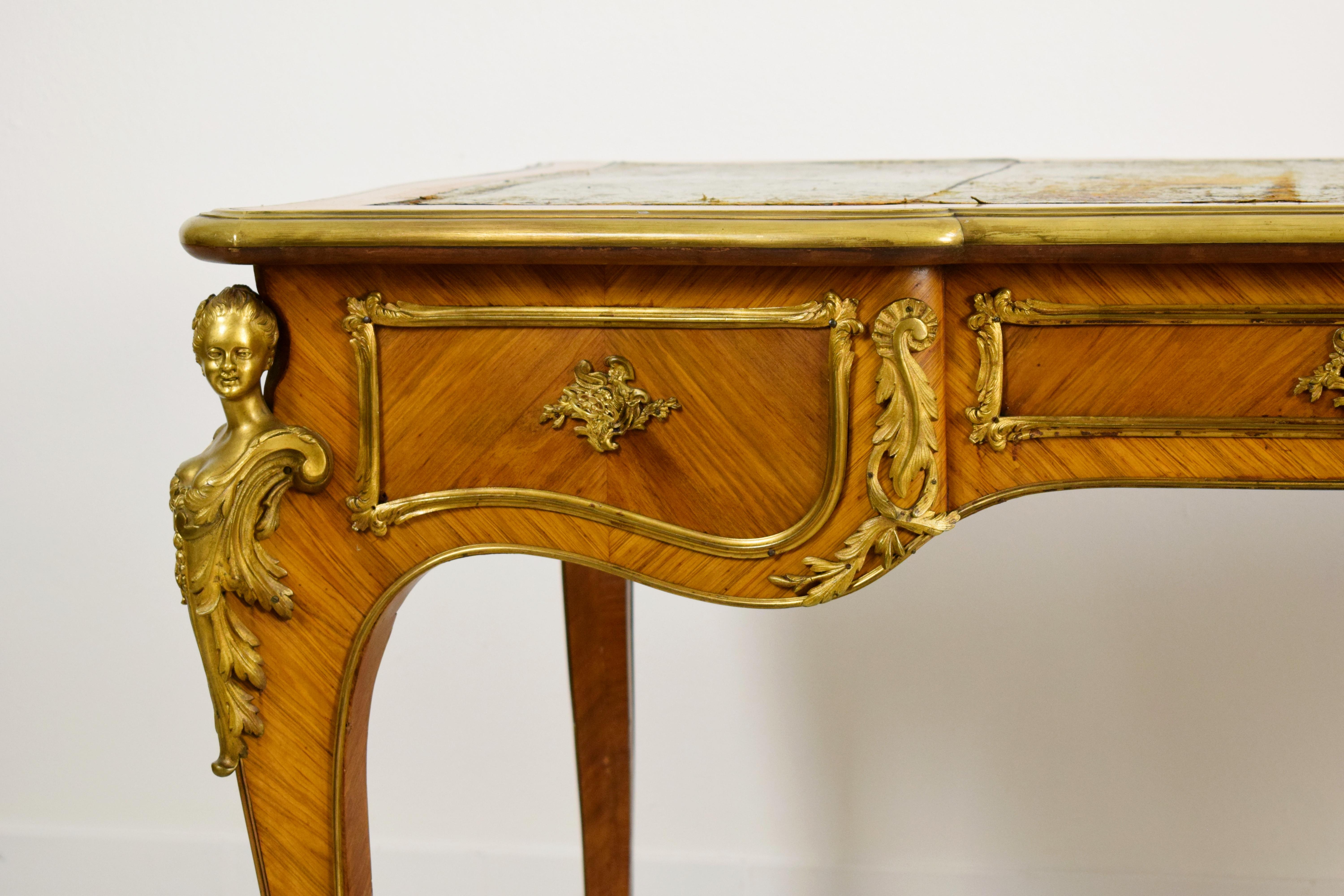 19th Century, French Louis XV Style Wood Centre Desk with Gilt Bronze For Sale 7