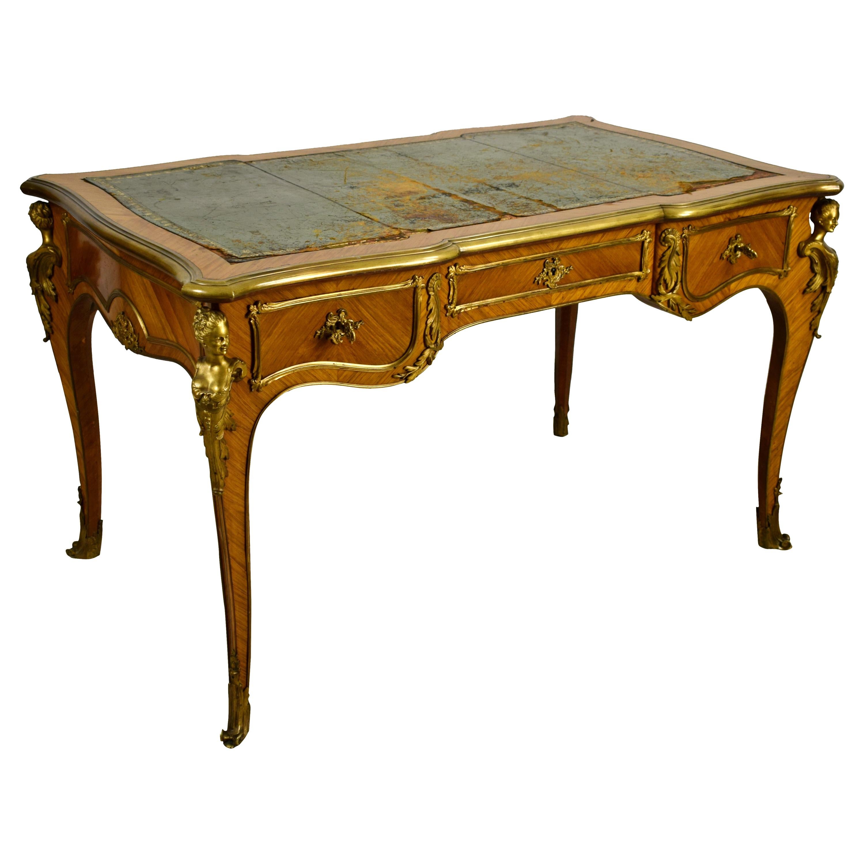 19th Century, French Louis XV Style Wood Centre Desk with Gilt Bronze For Sale