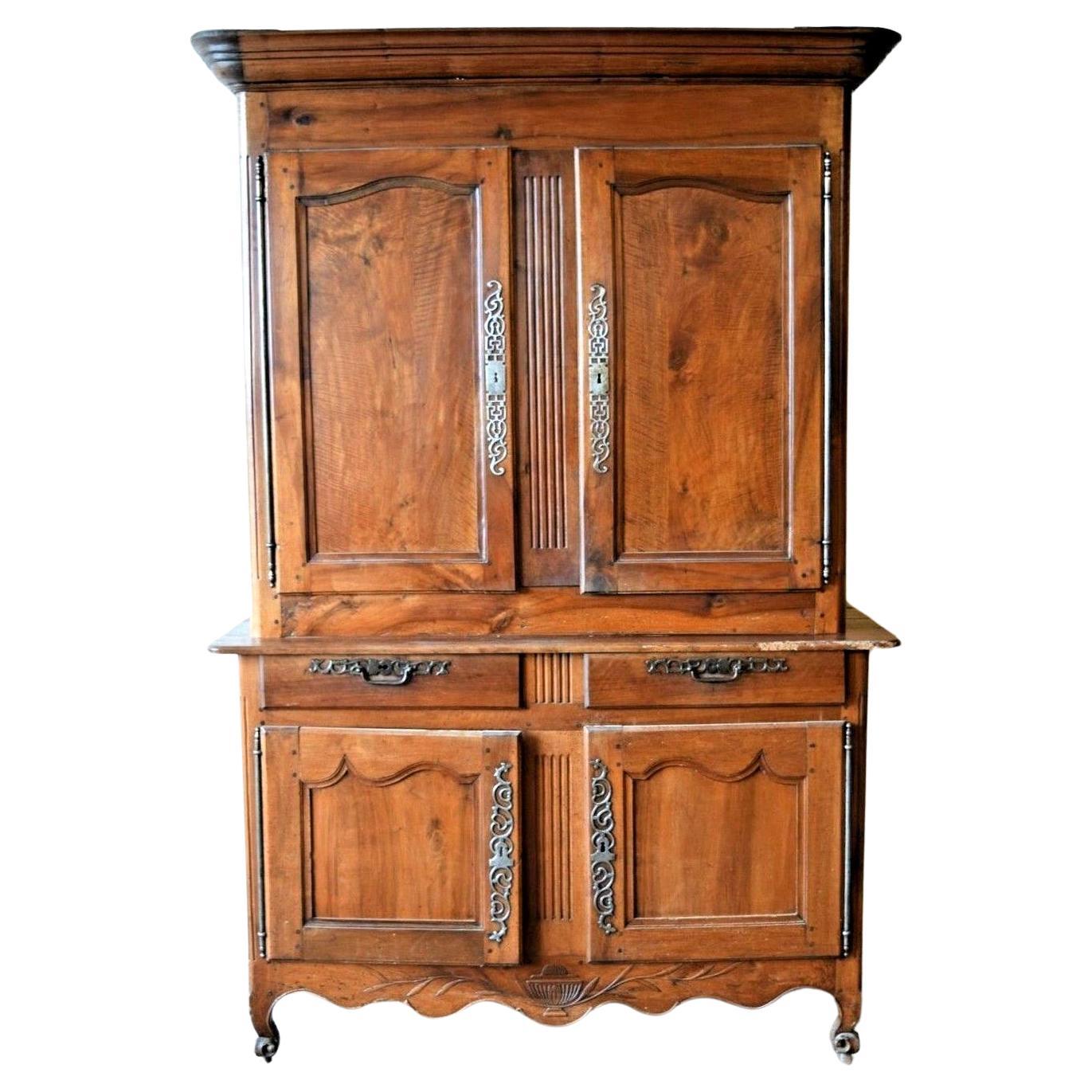 19th Century French Louis XV Tall Double Walnut Buffet For Sale