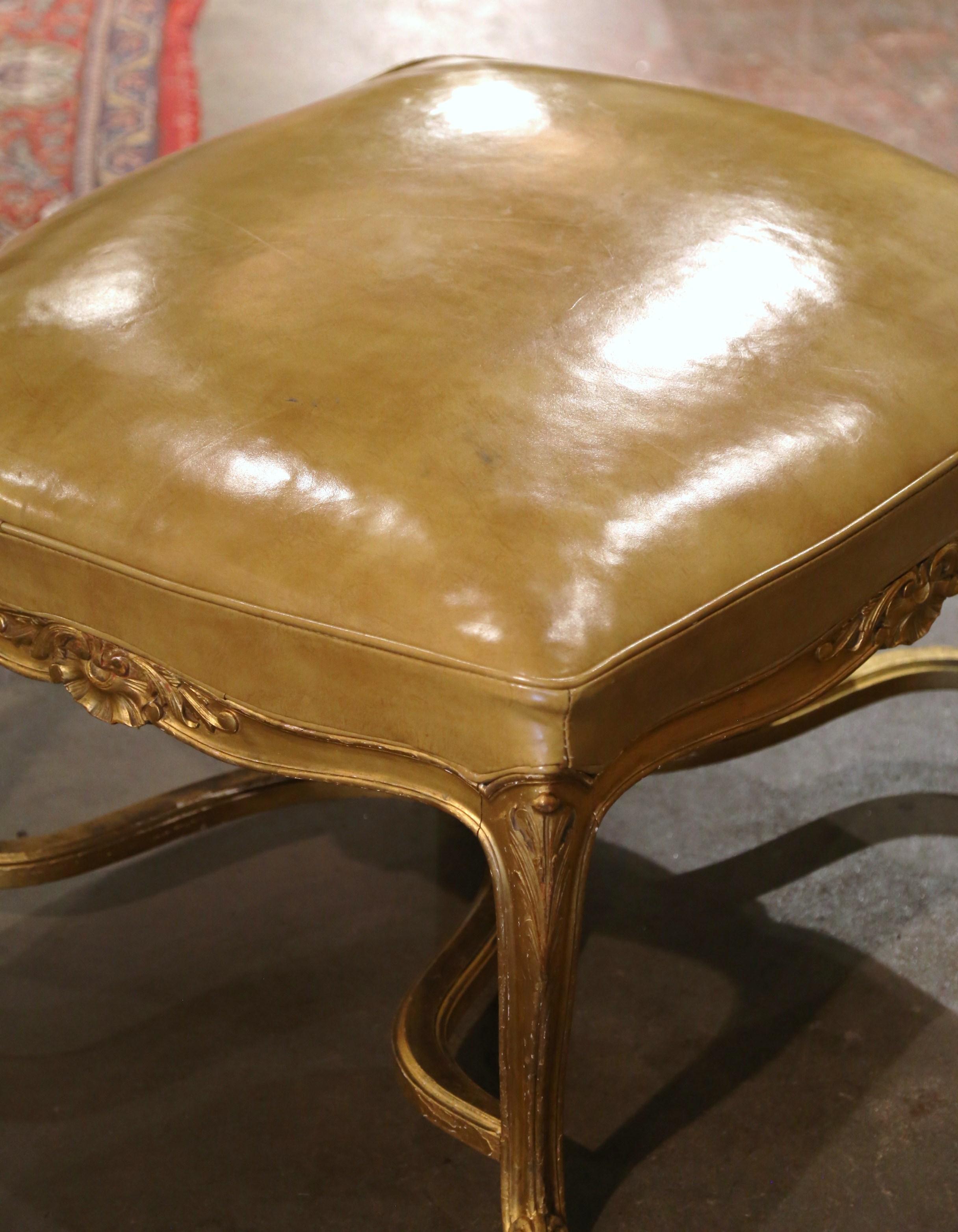 19th Century French Louis XV Tan Leather Carved Giltwood Stool 7