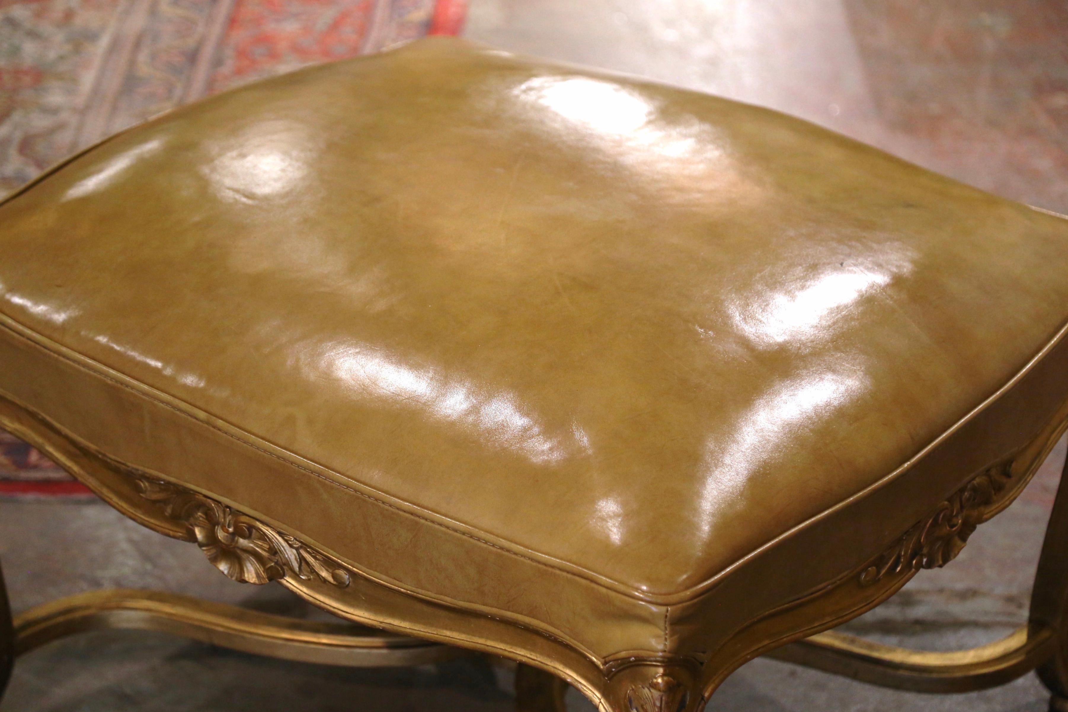 Hand-Carved 19th Century French Louis XV Tan Leather Carved Giltwood Stool