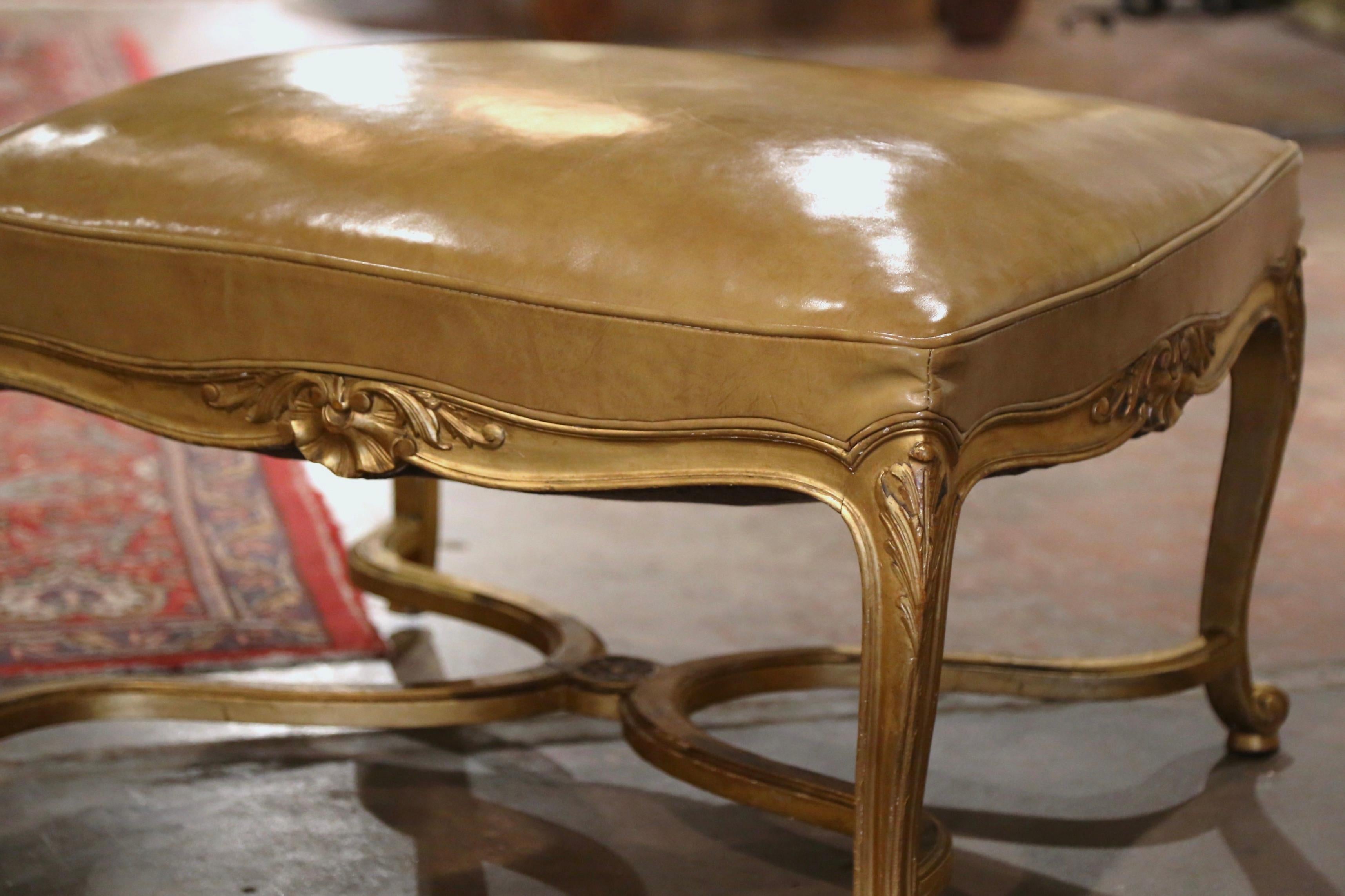 19th Century French Louis XV Tan Leather Carved Giltwood Stool In Excellent Condition In Dallas, TX