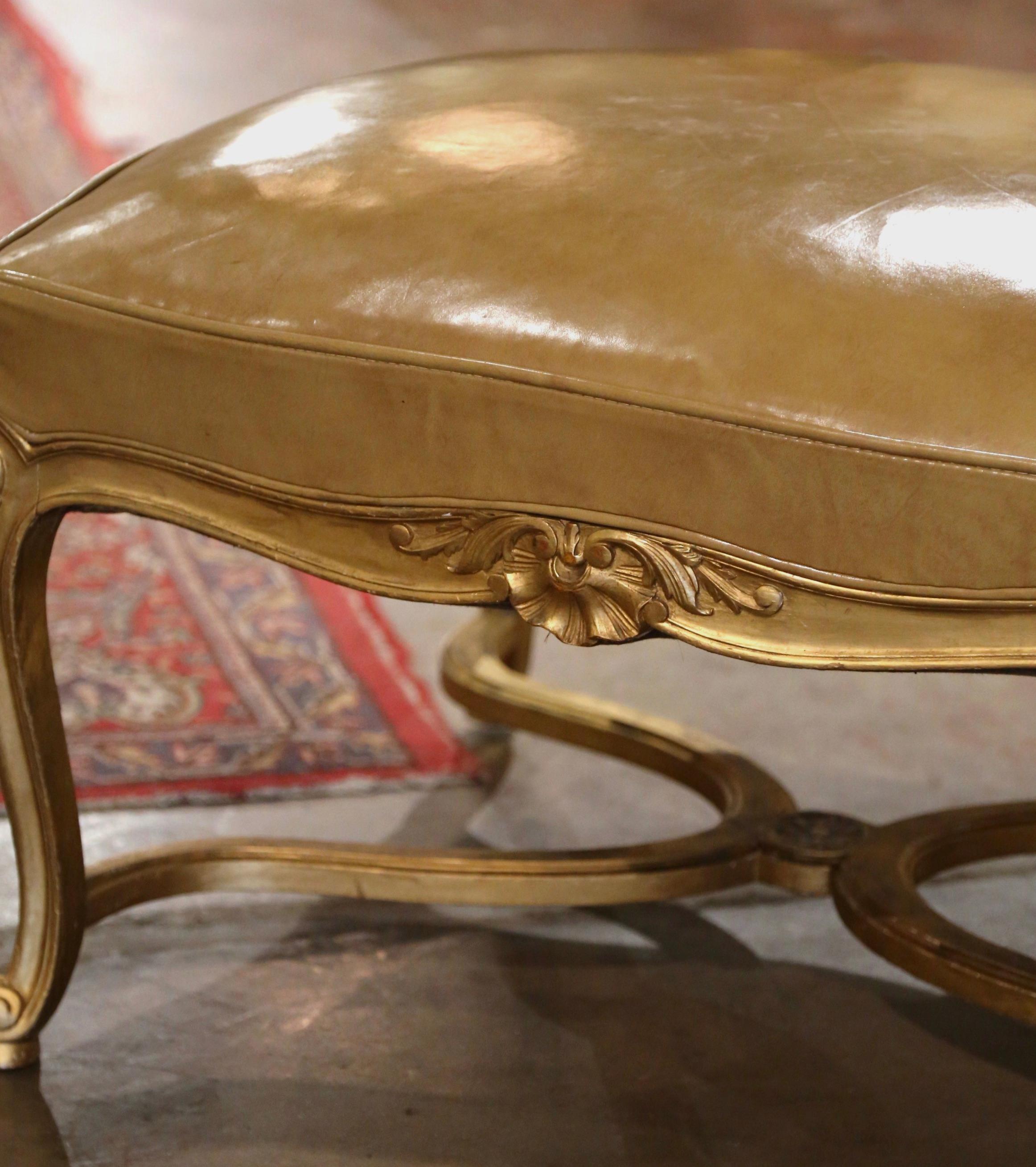 19th Century French Louis XV Tan Leather Carved Giltwood Stool 2