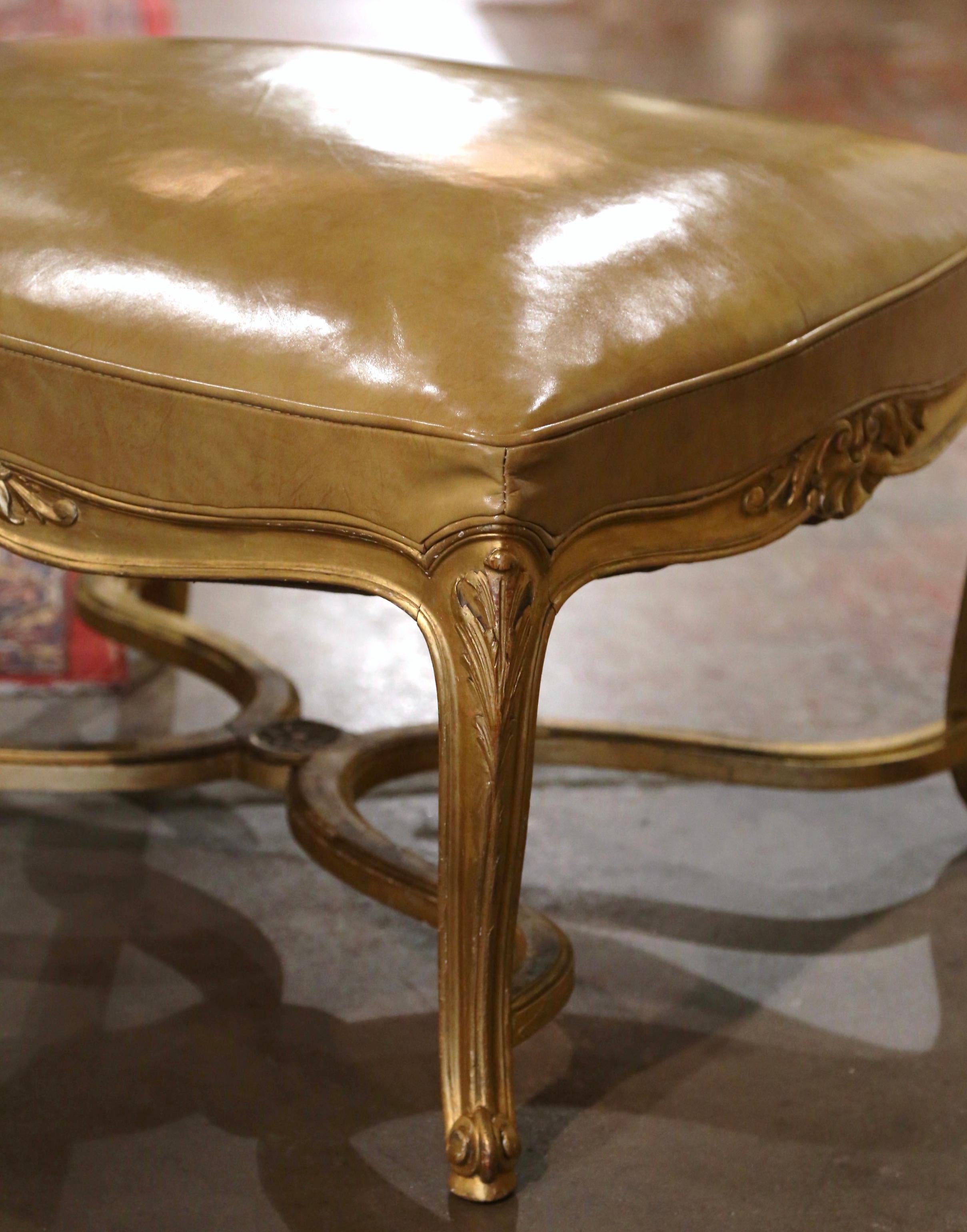 19th Century French Louis XV Tan Leather Carved Giltwood Stool 3