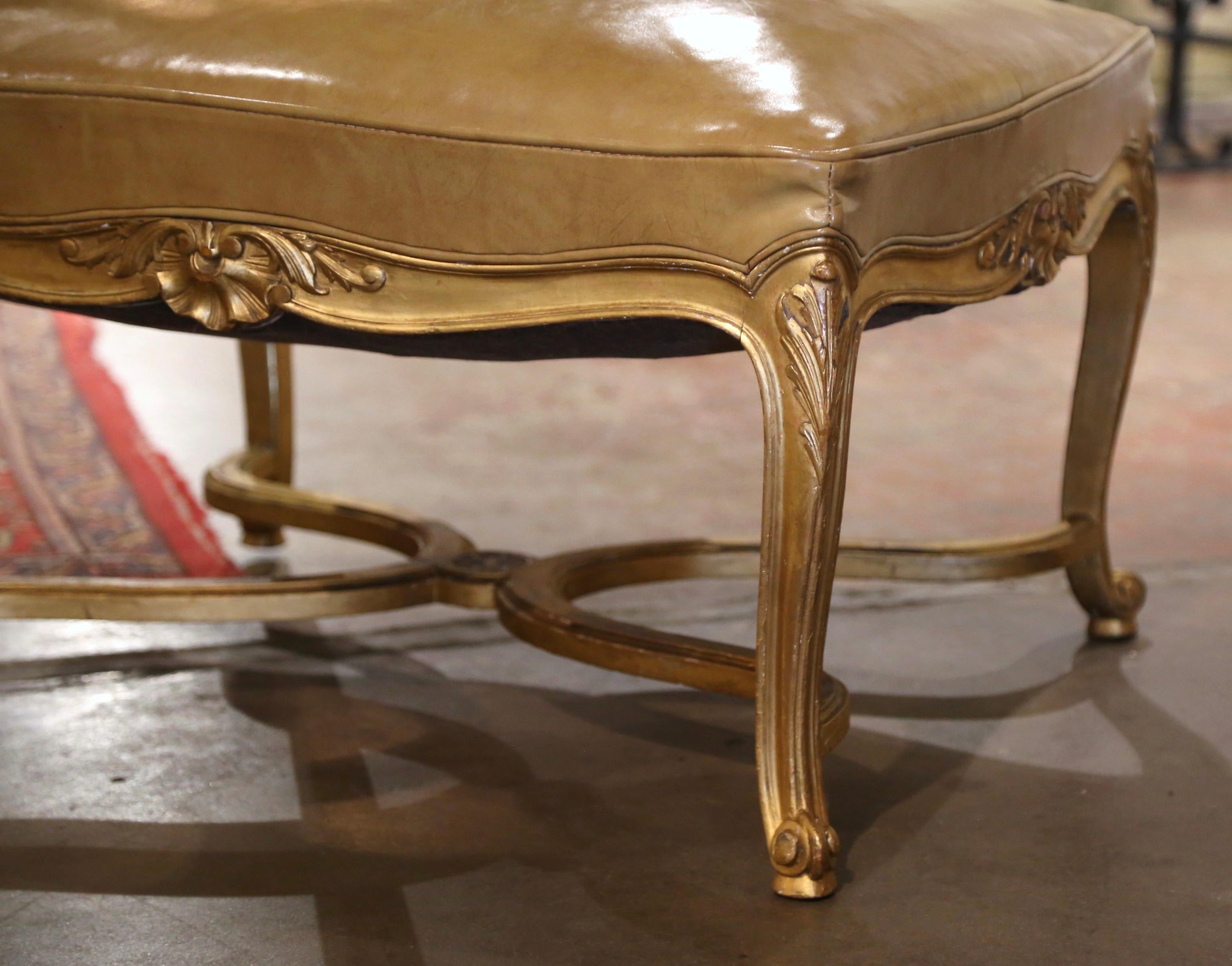 19th Century French Louis XV Tan Leather Carved Giltwood Stool 4