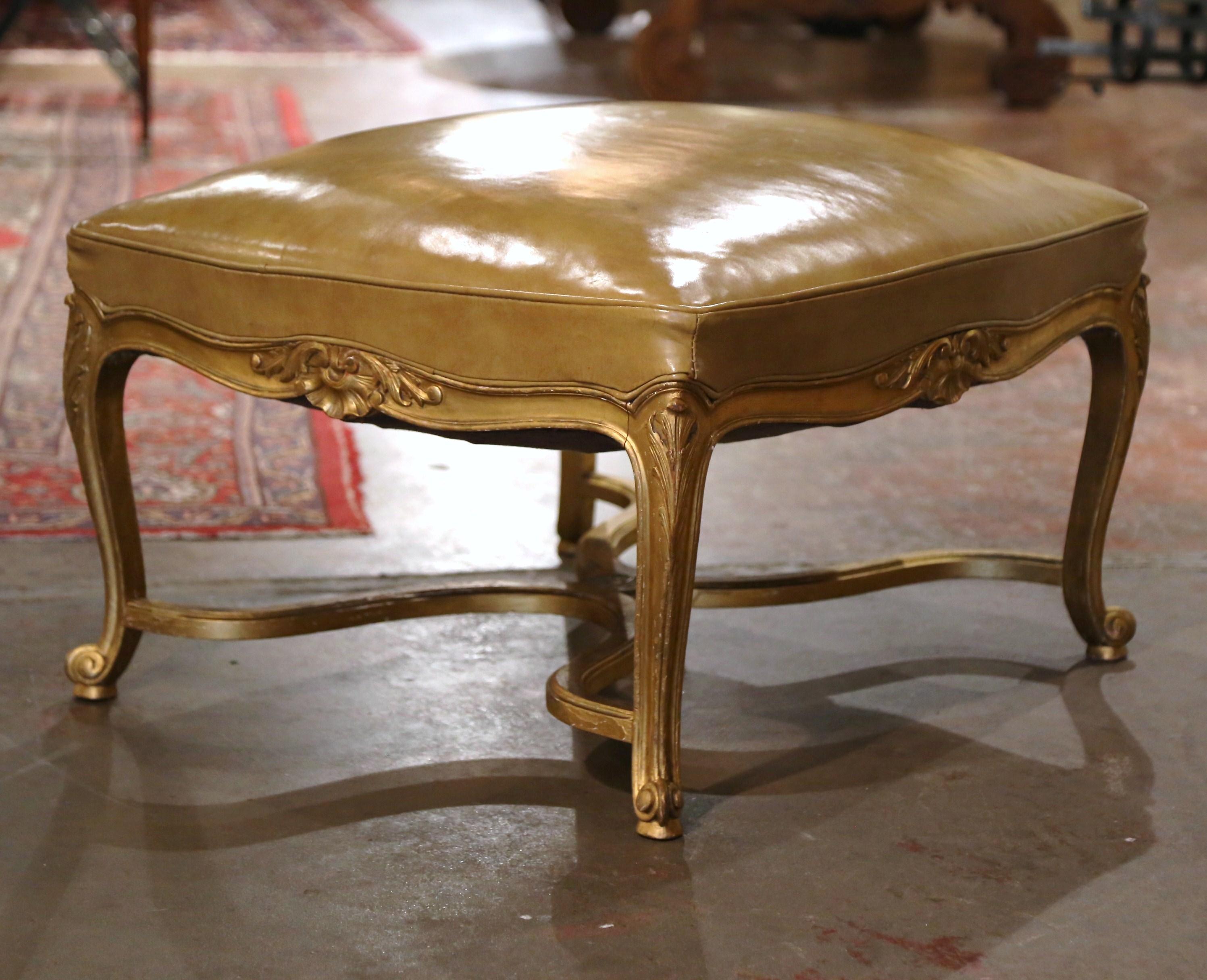 19th Century French Louis XV Tan Leather Carved Giltwood Stool 5