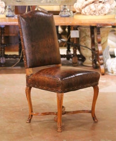 19th Century French Louis XV Walnut Desk Chair with Embossed Leather