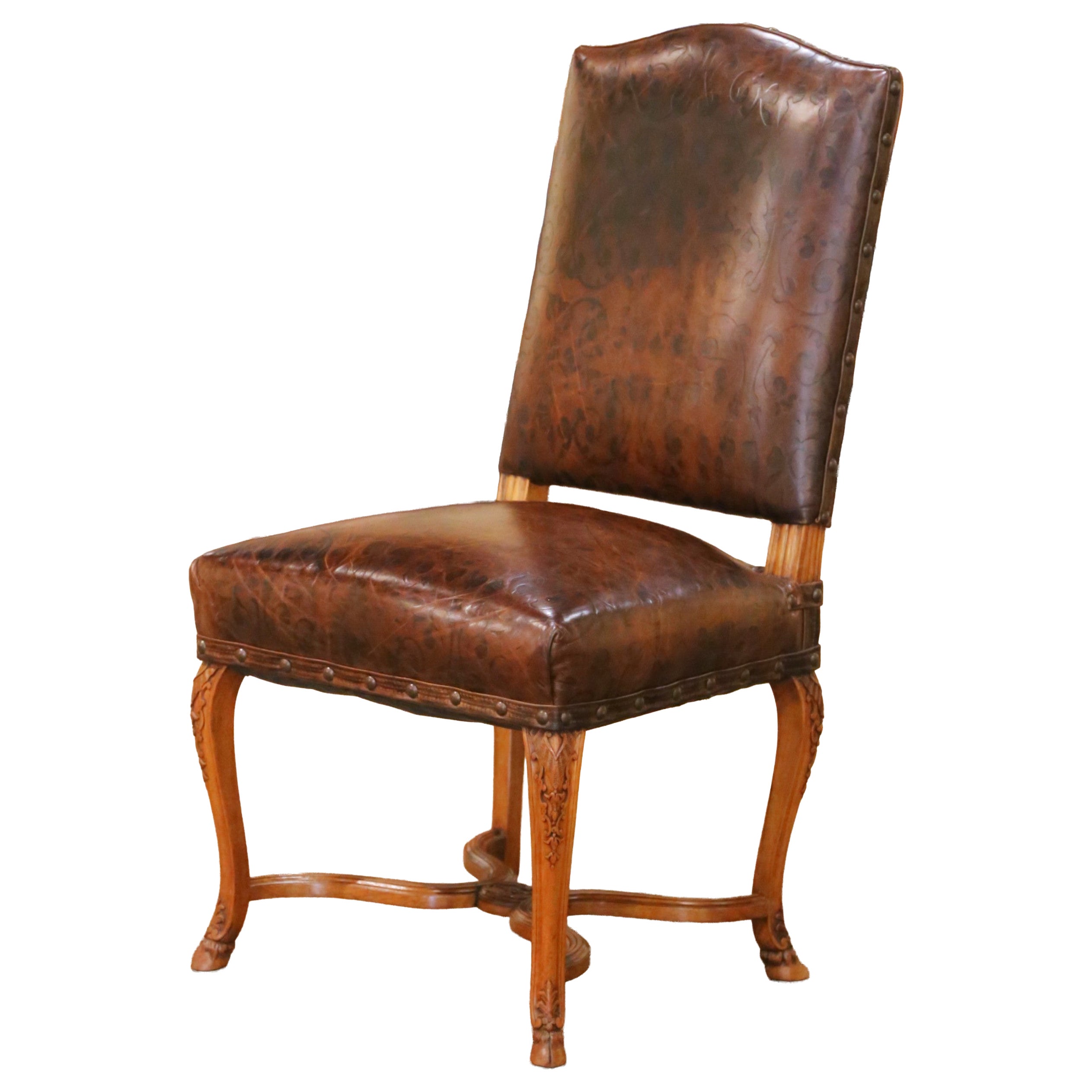 19th Century French Louis XV Walnut Desk Chair with Embossed Leather