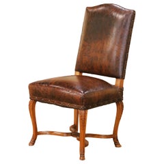 19th Century French Louis XV Walnut Desk Chair with Embossed Leather