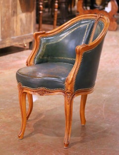 19th Century French Louis XV Walnut Desk Armchair with Green Tooled Leather