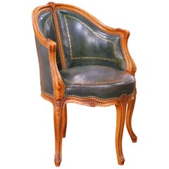 19th Century French Louis XV Walnut Desk Armchair with Green Tooled Leather