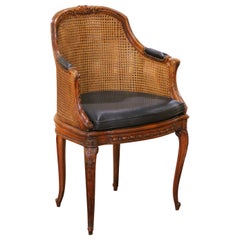 19th Century French Louis XV Walnut Double Caned Armchair with Leather Cushion