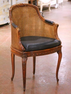 19th Century French Louis XV Walnut Double Caned Armchair with Leather Cushion