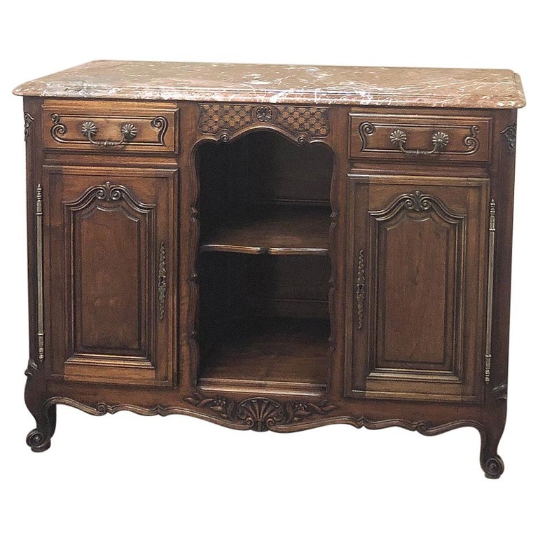 19th Century French Louis XV Walnut Marble-Top Buffet For Sale
