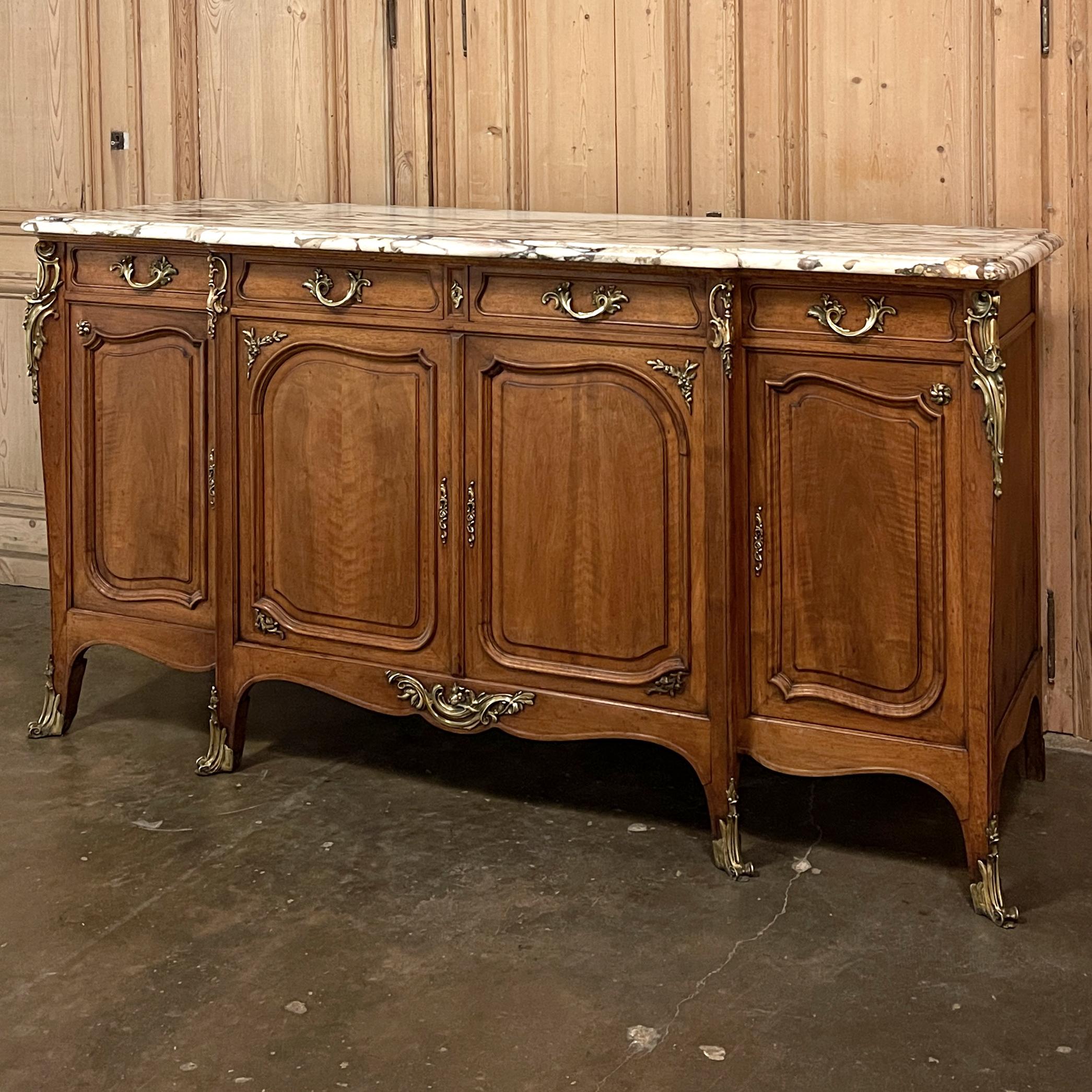 Hand-Crafted 19th Century French Louis XV Walnut Marble Top Buffet with Ormolu For Sale