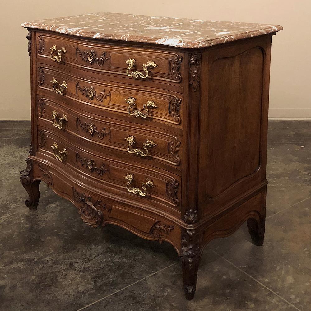 Hand-Carved 19th Century French Louis XV Walnut Marble Top Commode For Sale