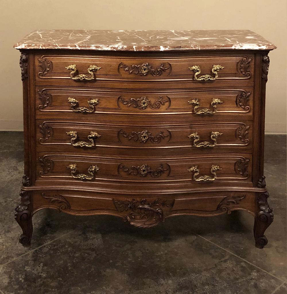 19th Century French Louis XV Walnut Marble Top Commode In Good Condition For Sale In Dallas, TX