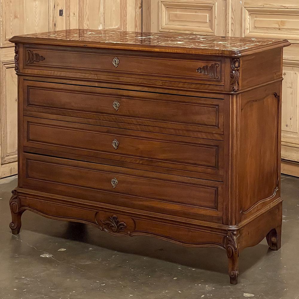 19th Century French Louis XV Walnut Marble Top Commode In Good Condition In Dallas, TX