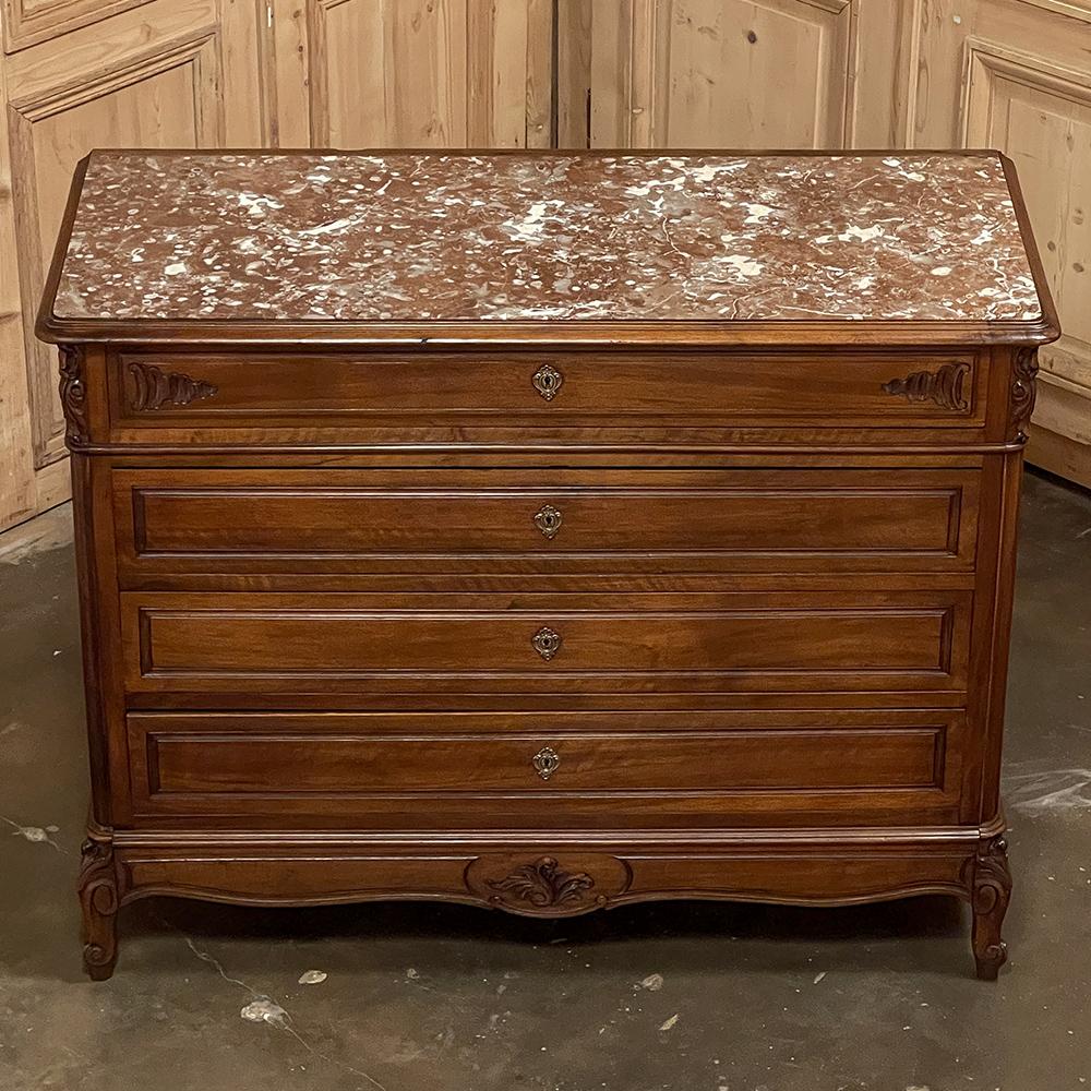 Late 19th Century 19th Century French Louis XV Walnut Marble Top Commode