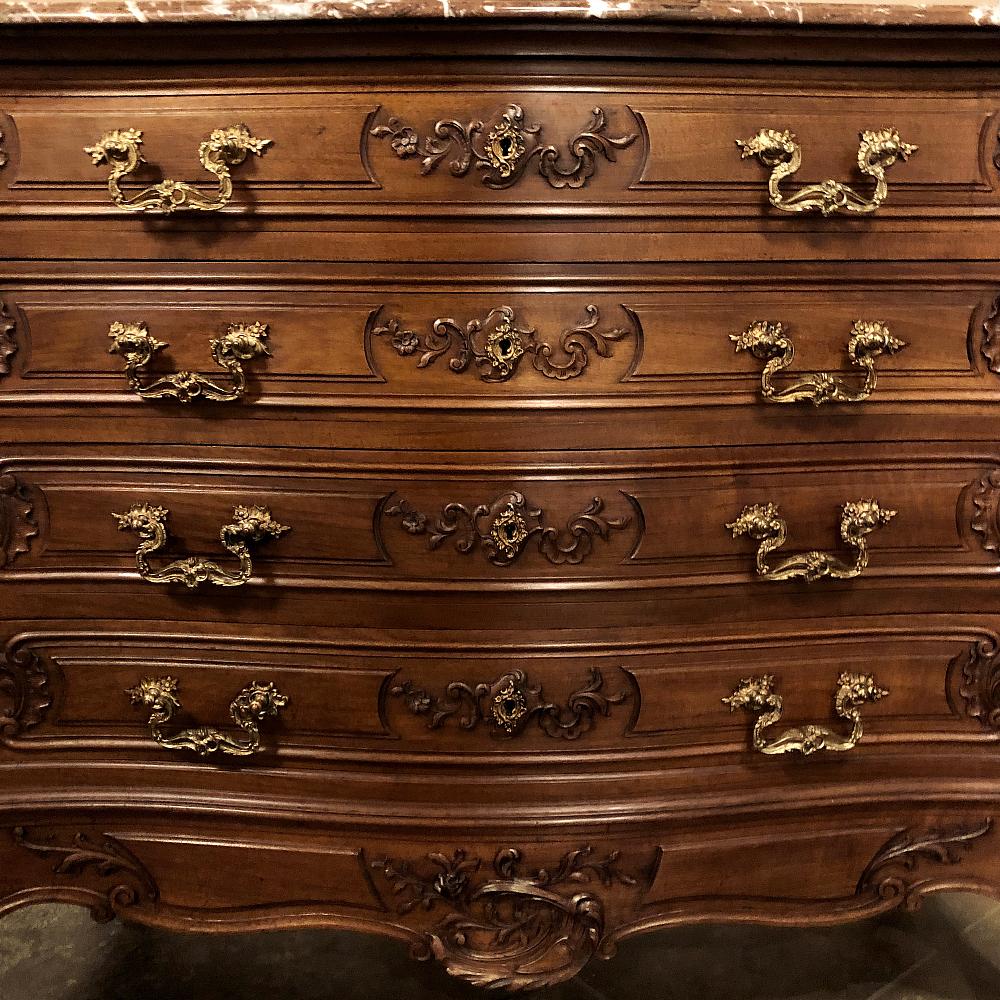 Bronze 19th Century French Louis XV Walnut Marble Top Commode For Sale
