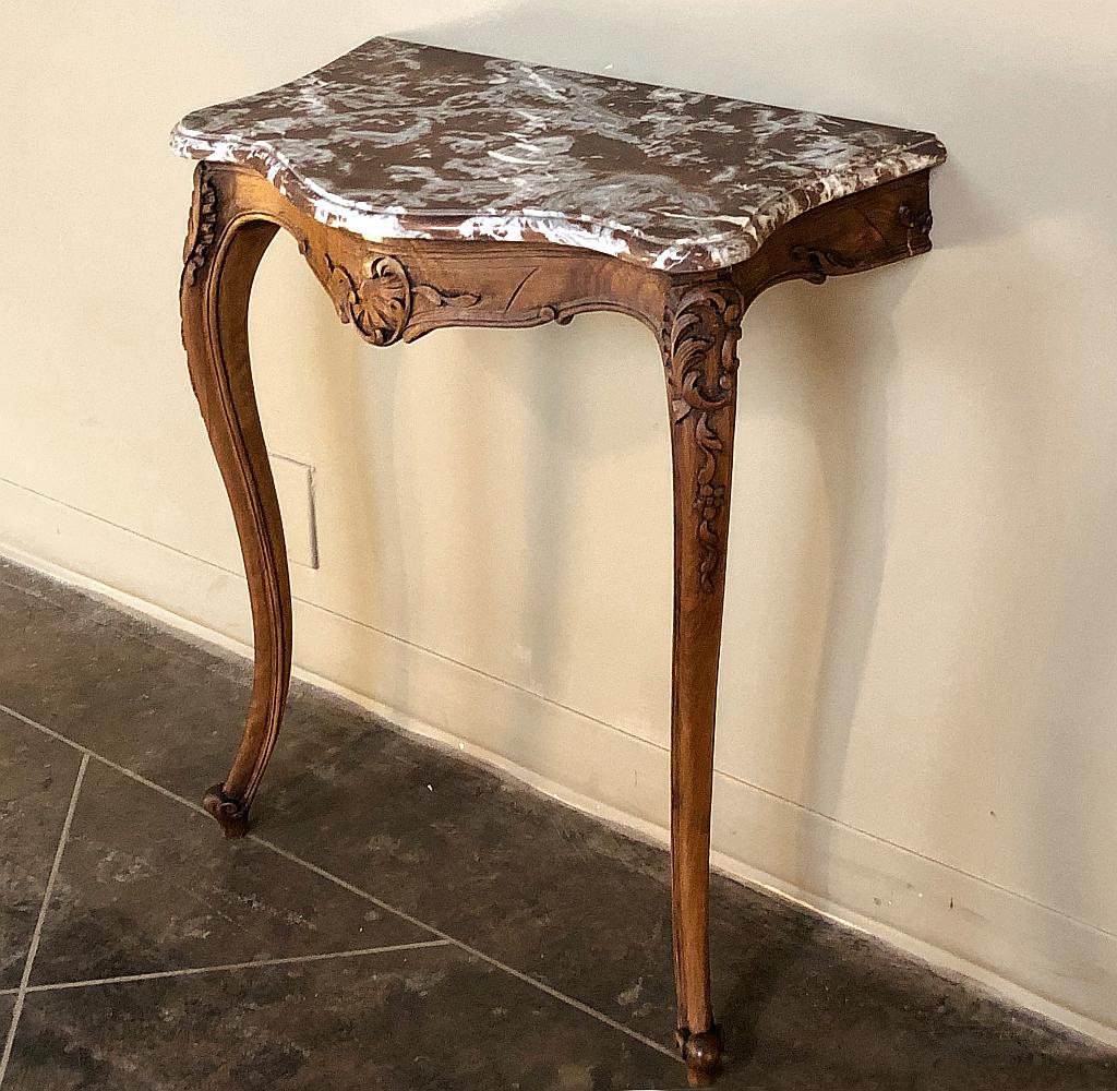 Hand-Carved 19th Century French Louis XV Walnut Marble Top Console For Sale