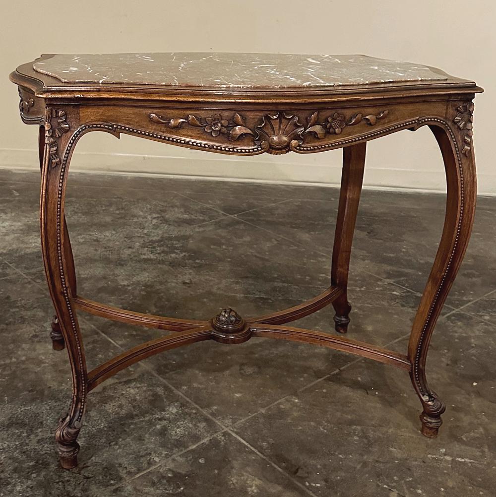 19th century French Louis XV Walnut Marble Top End Table ~ Center Table is a timeless reminder of what many consider a definitive French style. Inspired by both the Baroque and Rococo movements, what we call today the Louis XV style presents
