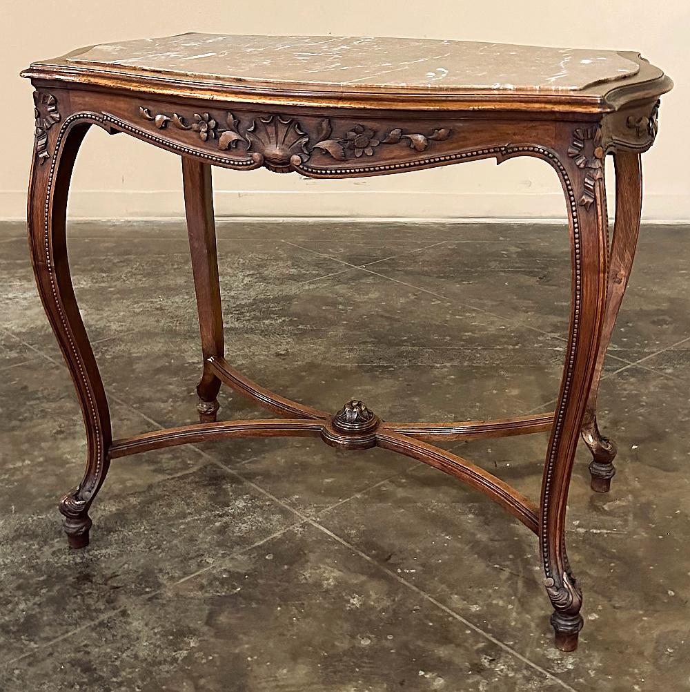 Hand-Carved 19th Century French Louis XV Walnut Marble Top End Table, Center Table For Sale