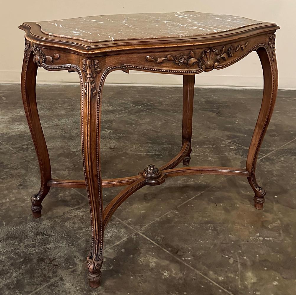 Late 19th Century 19th Century French Louis XV Walnut Marble Top End Table, Center Table For Sale