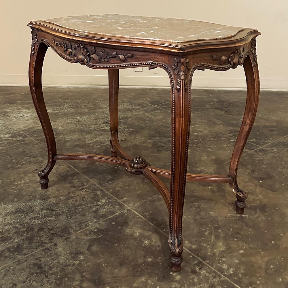 19th Century French Louis XV Walnut Marble Top End Table, Center Table For Sale 1