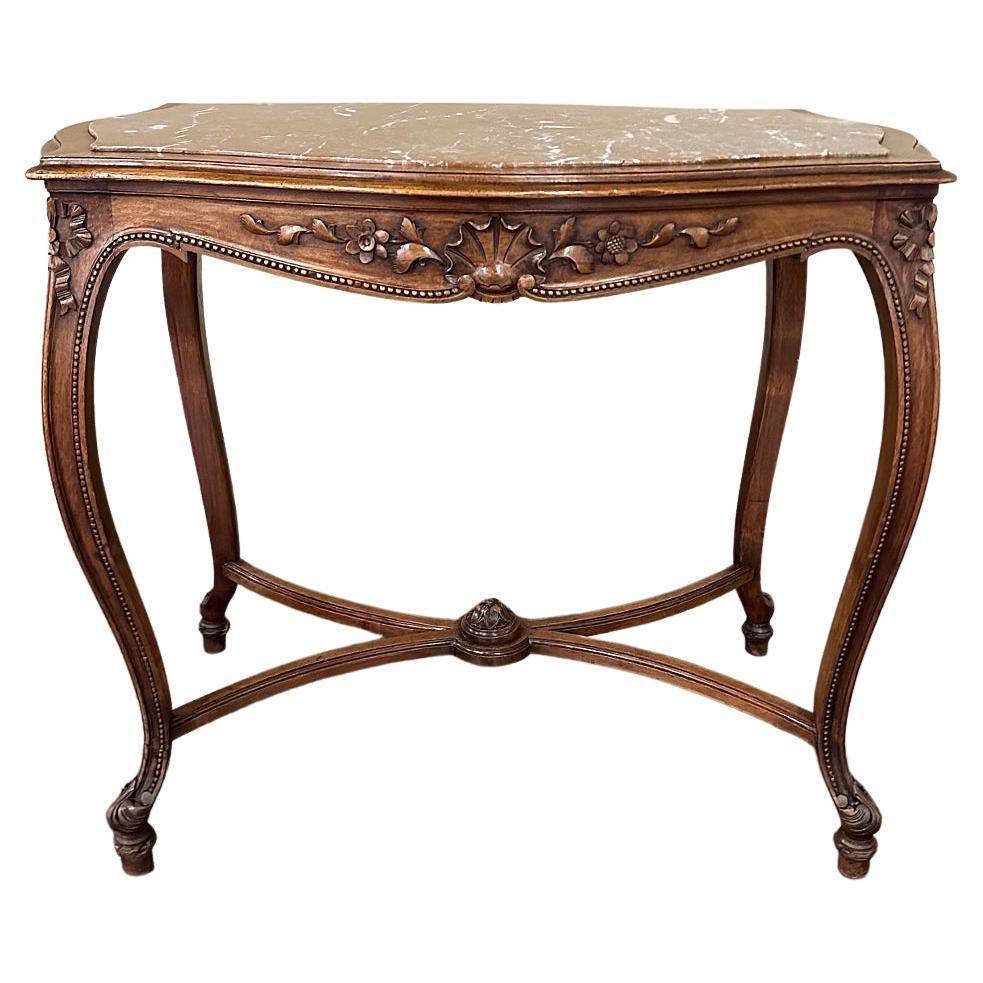 19th Century French Louis XV Walnut Marble Top End Table, Center Table For Sale
