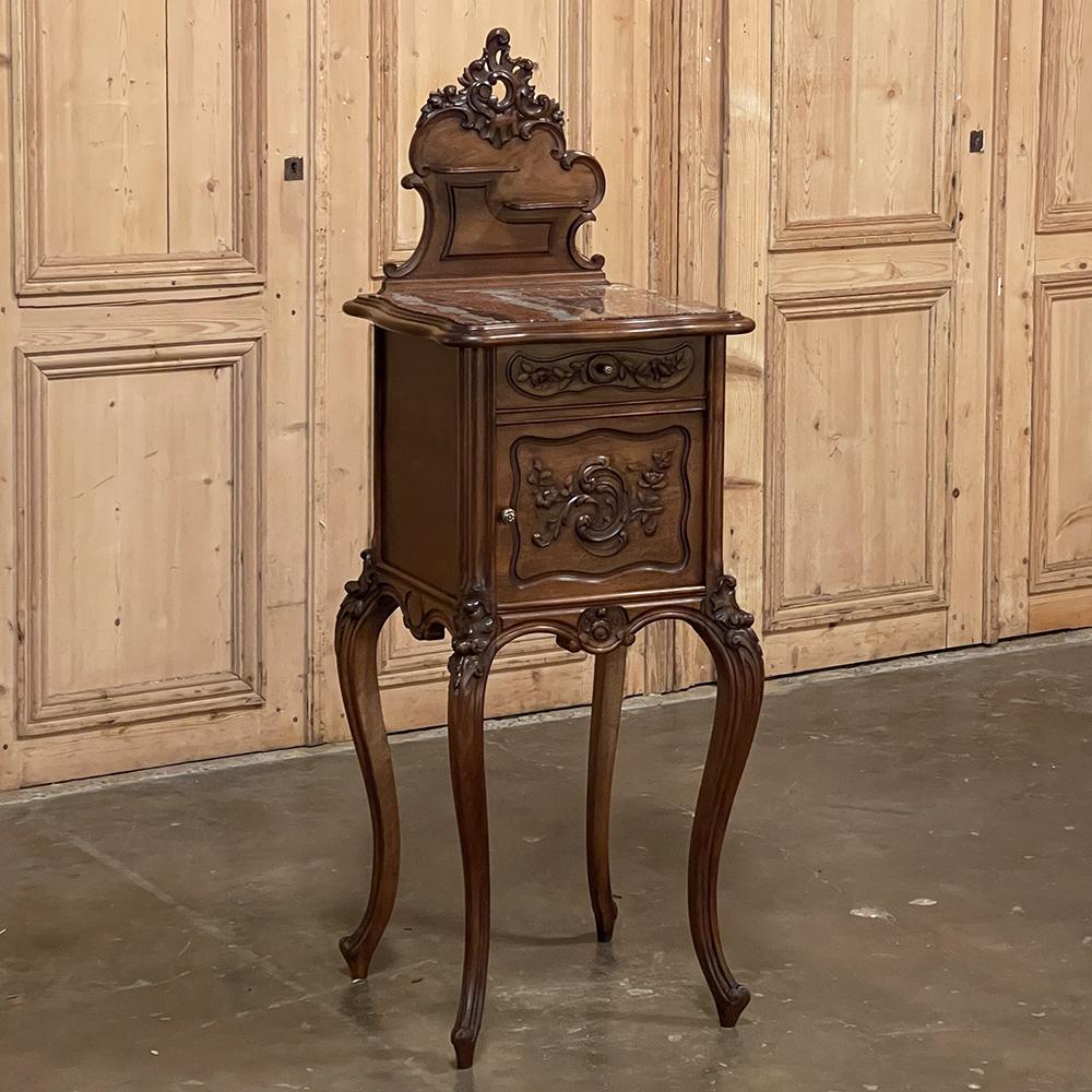Hand-Carved 19th Century French Louis XV Walnut Marble Top Nightstand For Sale