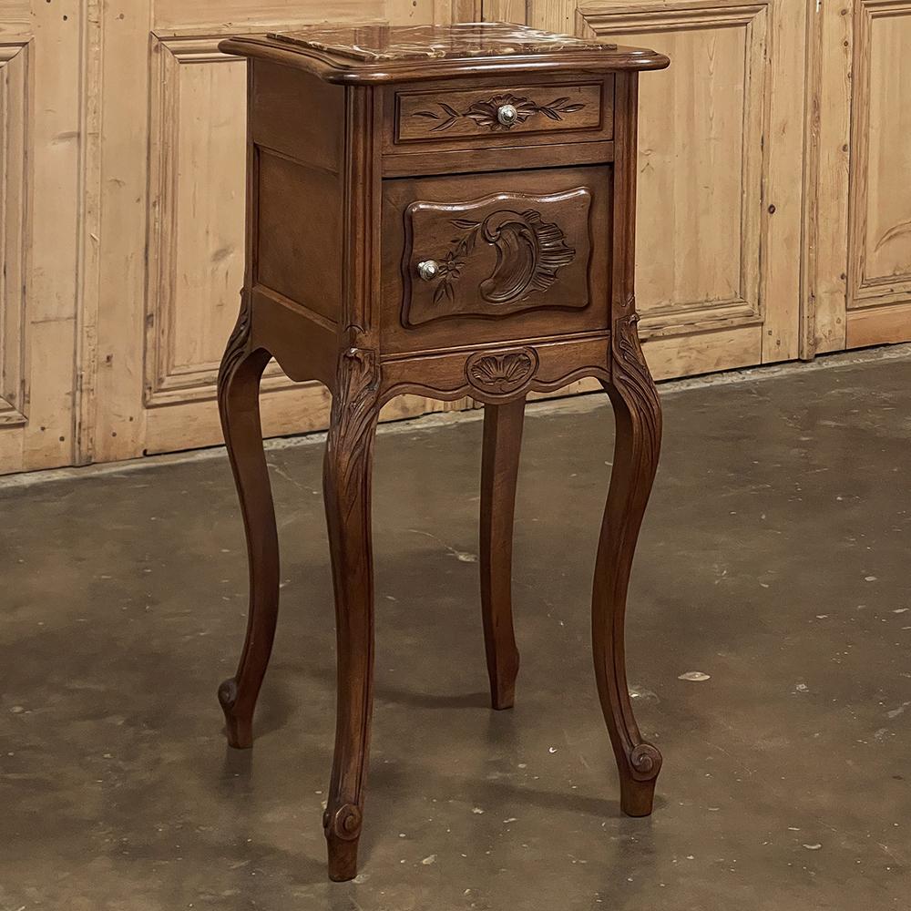 Hand-Crafted 19th Century French Louis XV Walnut Marble Top Nightstand For Sale