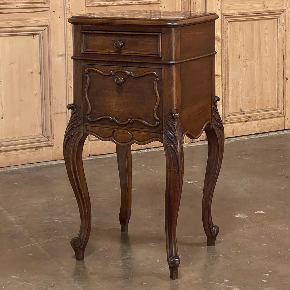 19th Century French Louis XV Walnut Marble Top Nightstand In Good Condition For Sale In Dallas, TX