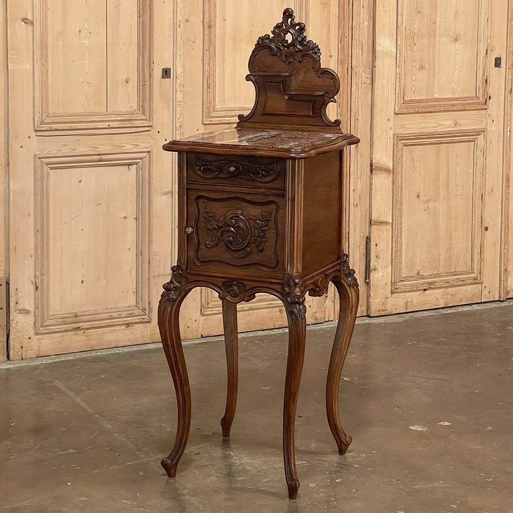 19th Century French Louis XV Walnut Marble Top Nightstand In Good Condition For Sale In Dallas, TX