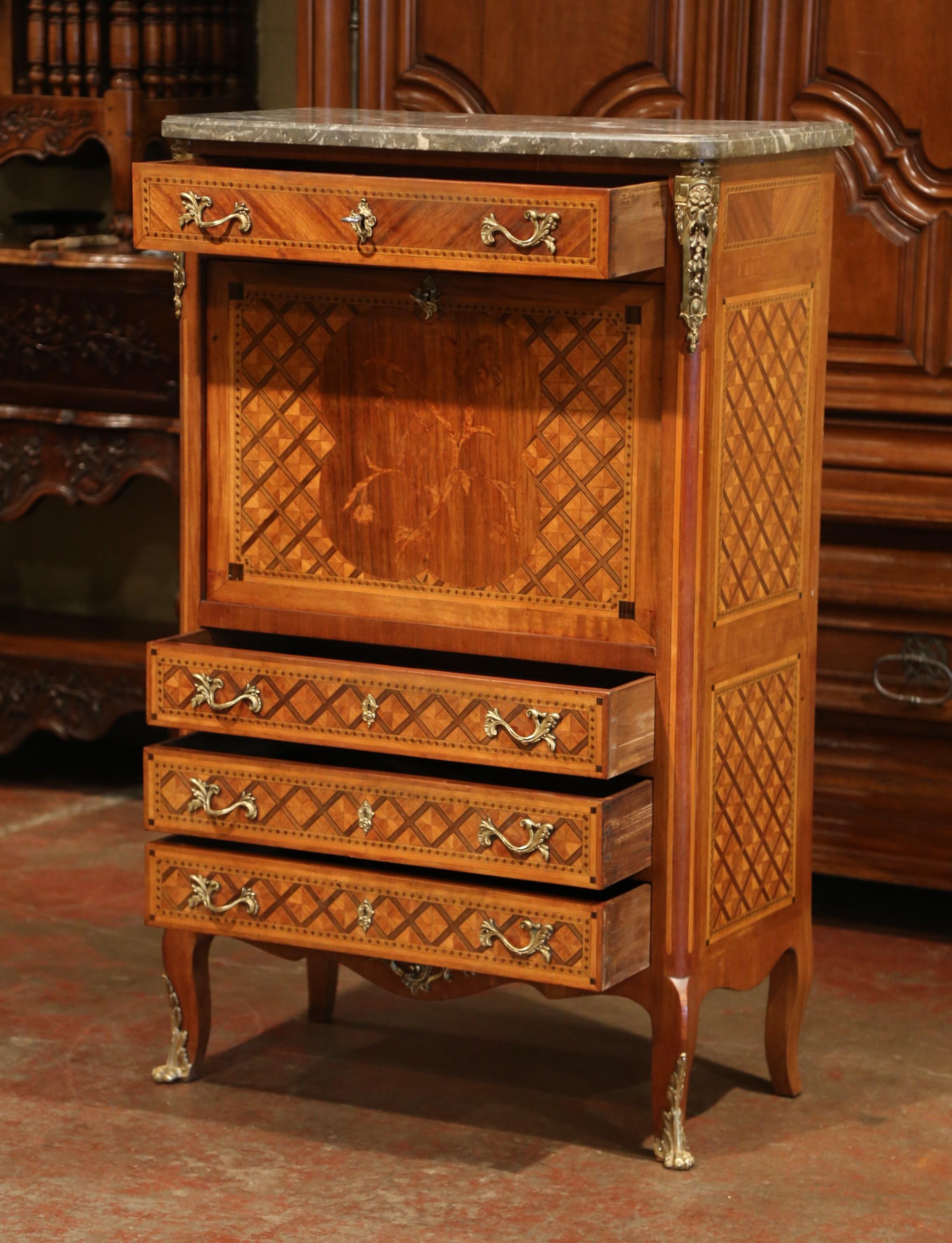 19th Century French Louis XV Walnut Marquetry Secretary Chest with Marble Top 6