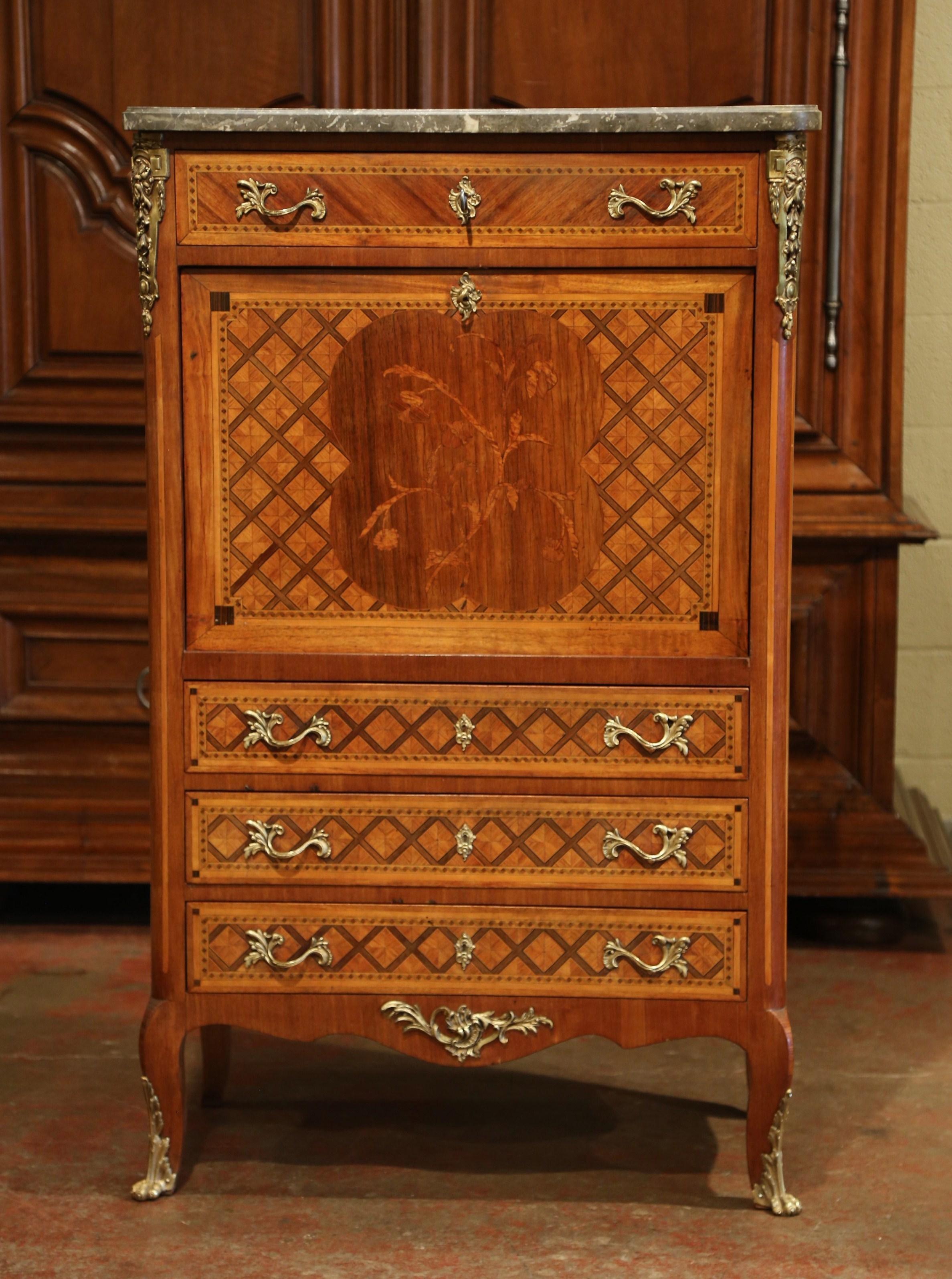 Hand-Carved 19th Century French Louis XV Walnut Marquetry Secretary Chest with Marble Top