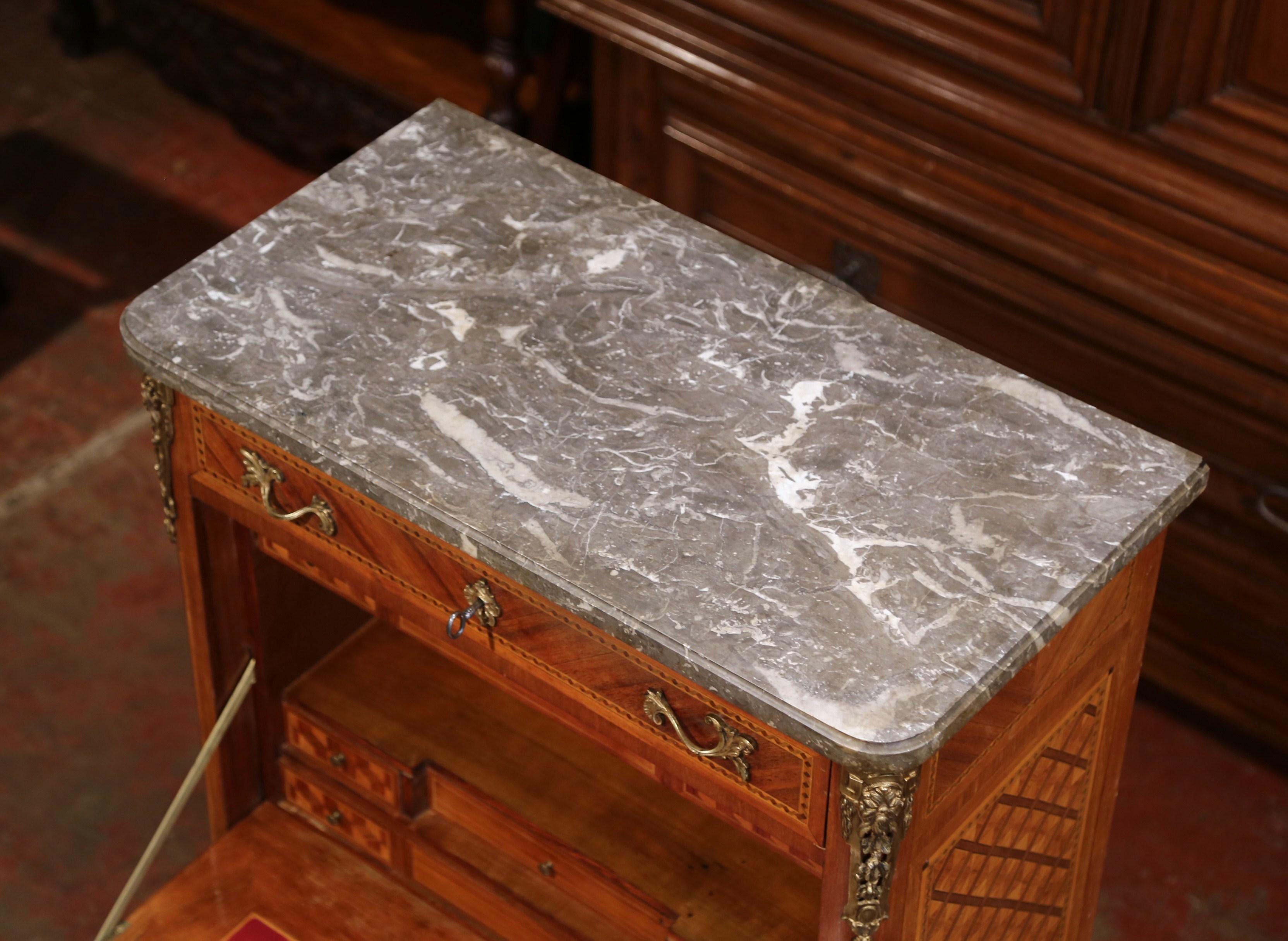 19th Century French Louis XV Walnut Marquetry Secretary Chest with Marble Top In Excellent Condition In Dallas, TX
