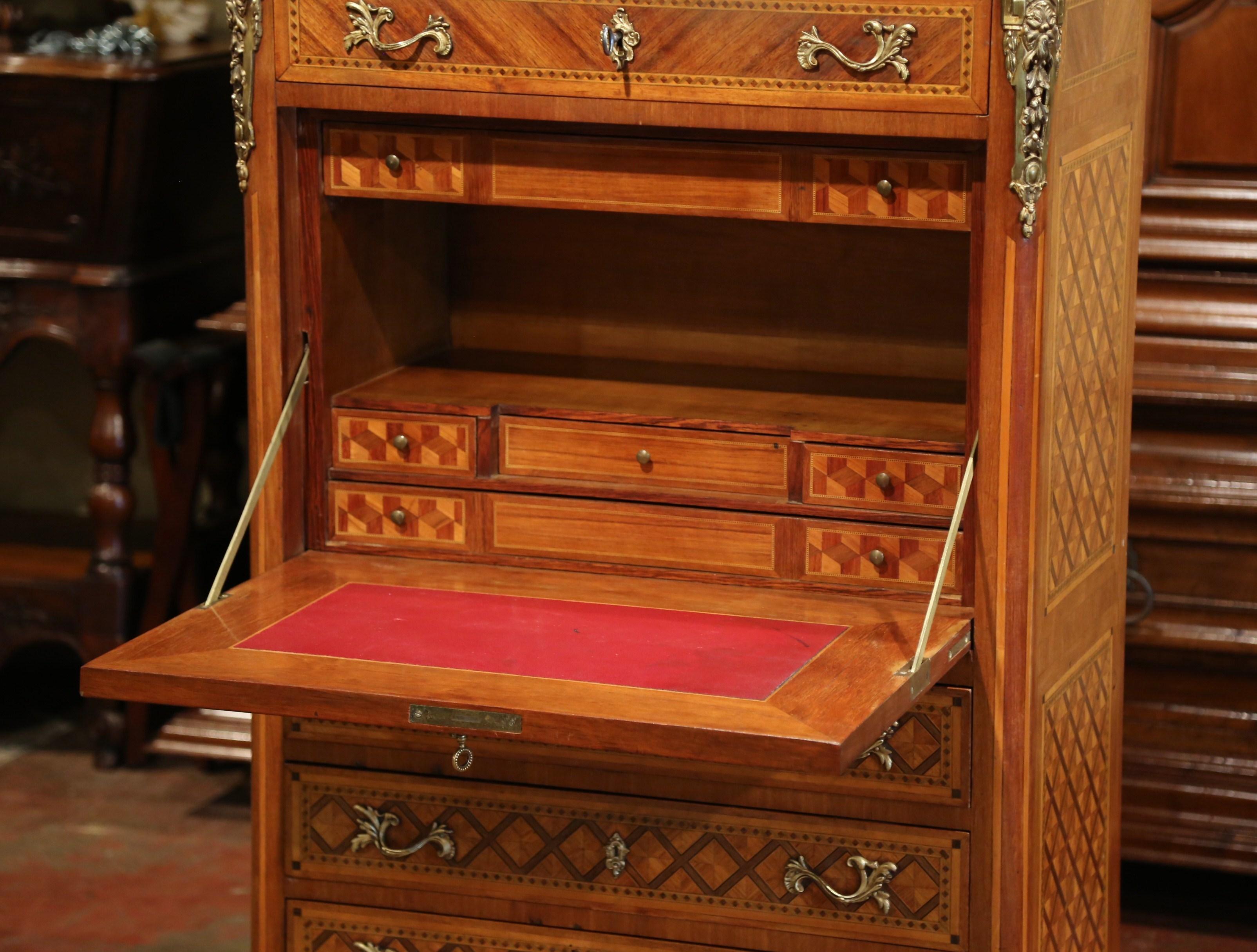 19th Century French Louis XV Walnut Marquetry Secretary Chest with Marble Top 3