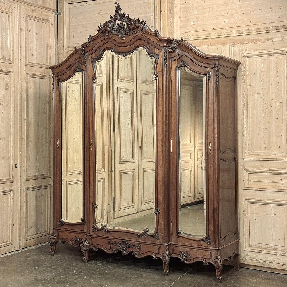 Beveled 19th Century French Louis XV Walnut Triple Armoire For Sale