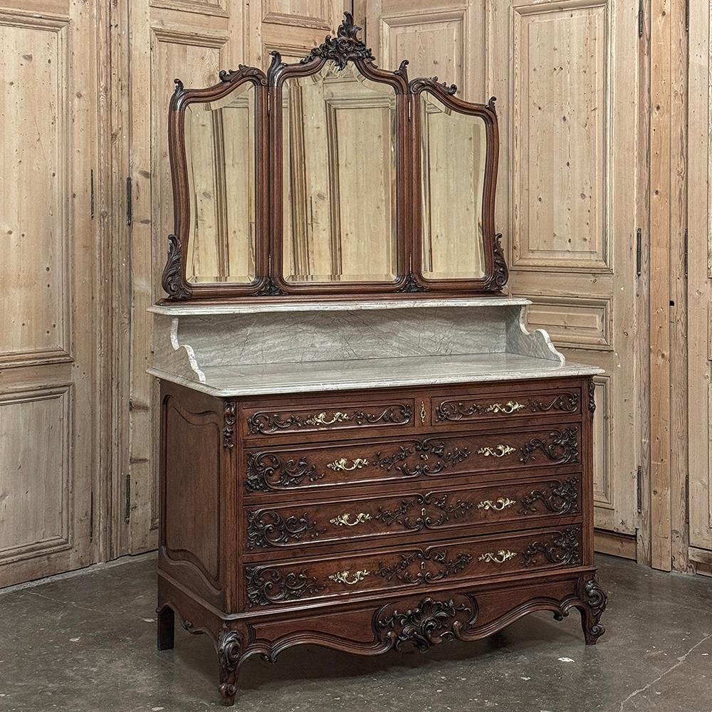 19th Century French Louis XV Walnut Washstand ~ Dresser is an ode to a bygone era, when dressing in the morning was a complete ritual.  A full-sized five drawer commode serves as the basis for the design, but it is topped with two-tiered marble and