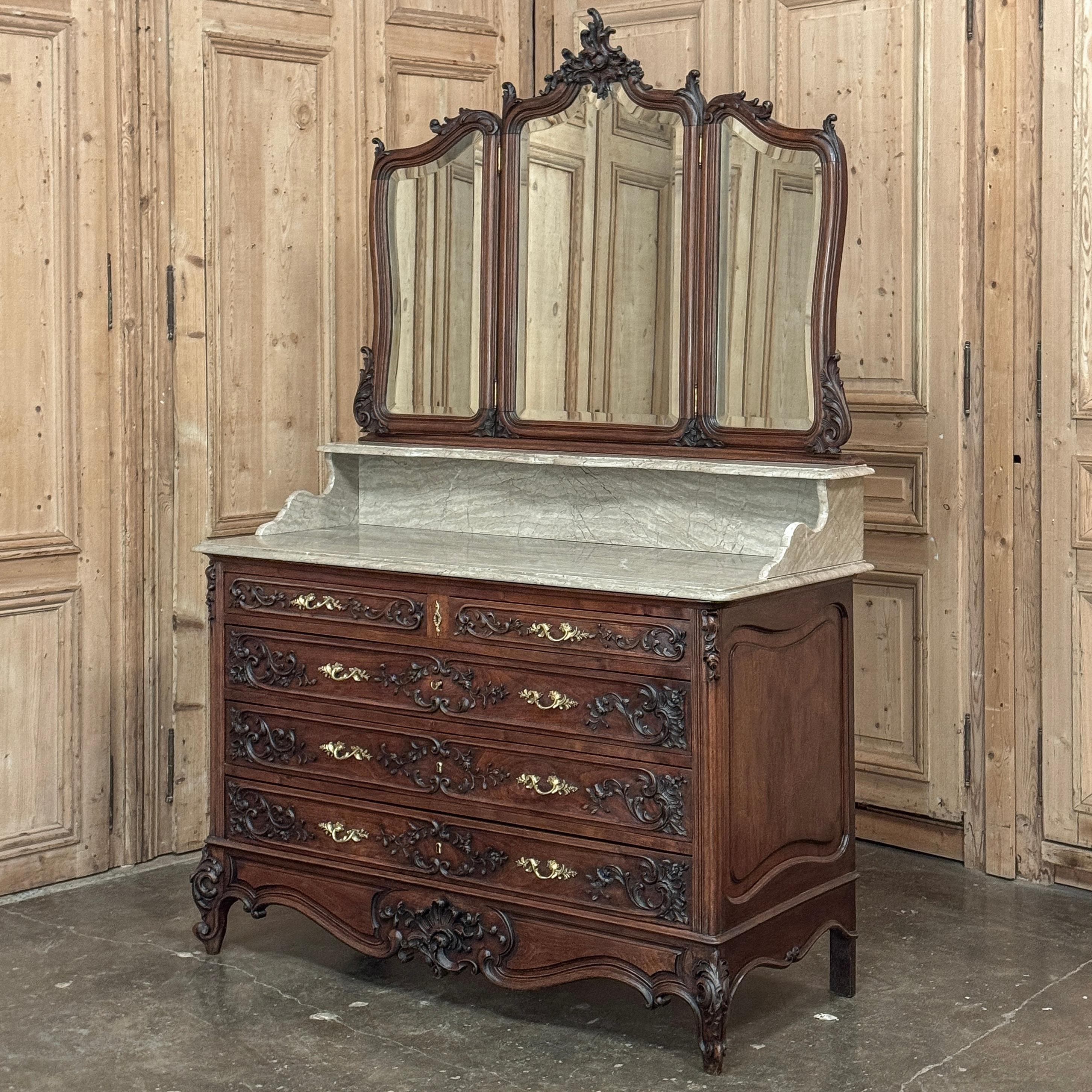 Beveled 19th Century French Louis XV Walnut Washstand ~ Dresser For Sale