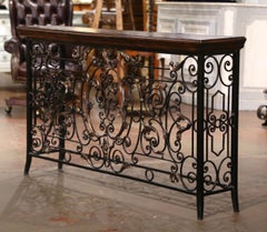 19th Century French Louis XV Wood and Leather Top Wrought Iron Console Table