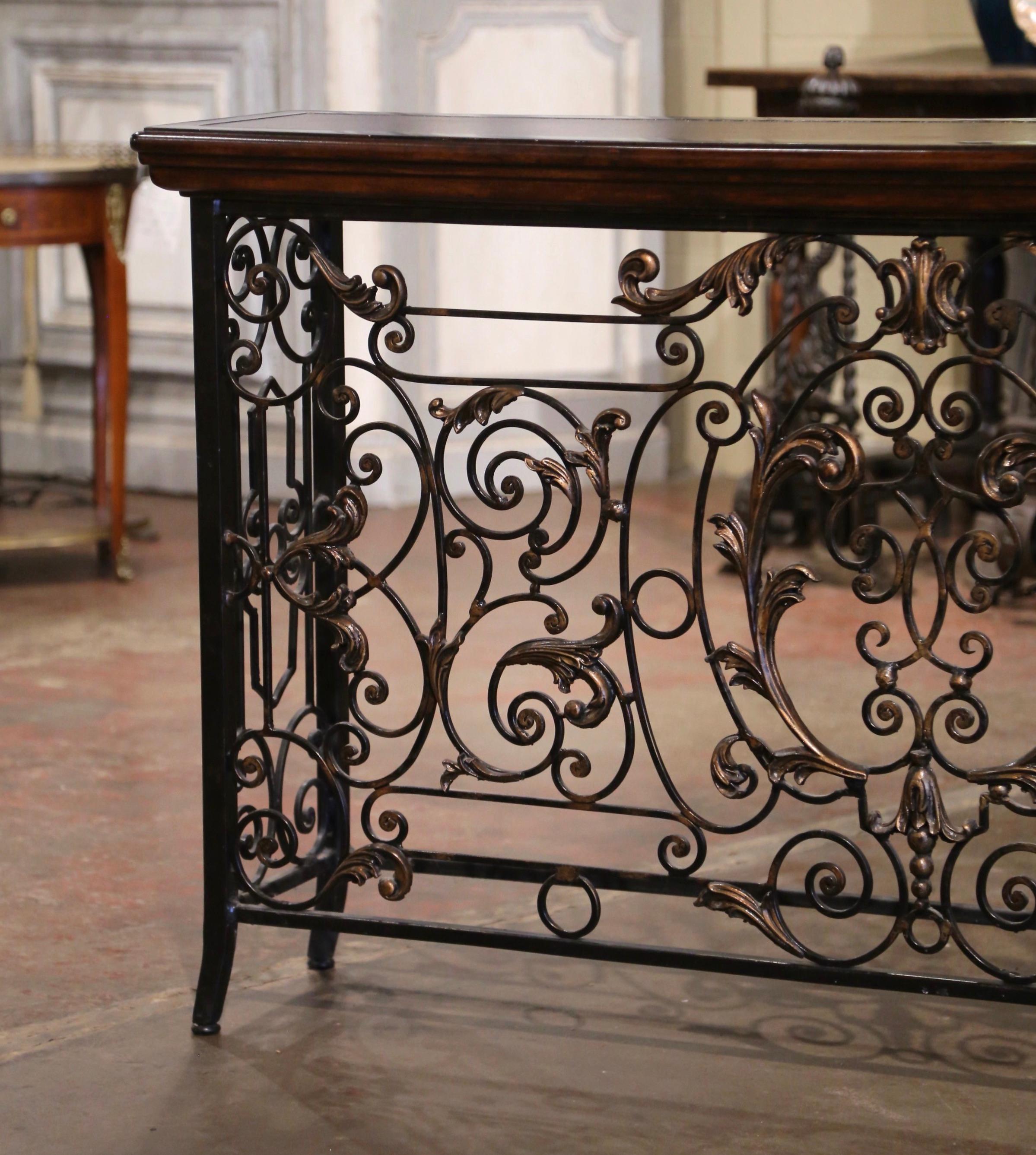 19th Century French Louis XV Wood and Leather Top Wrought Iron Console Table In Excellent Condition In Dallas, TX