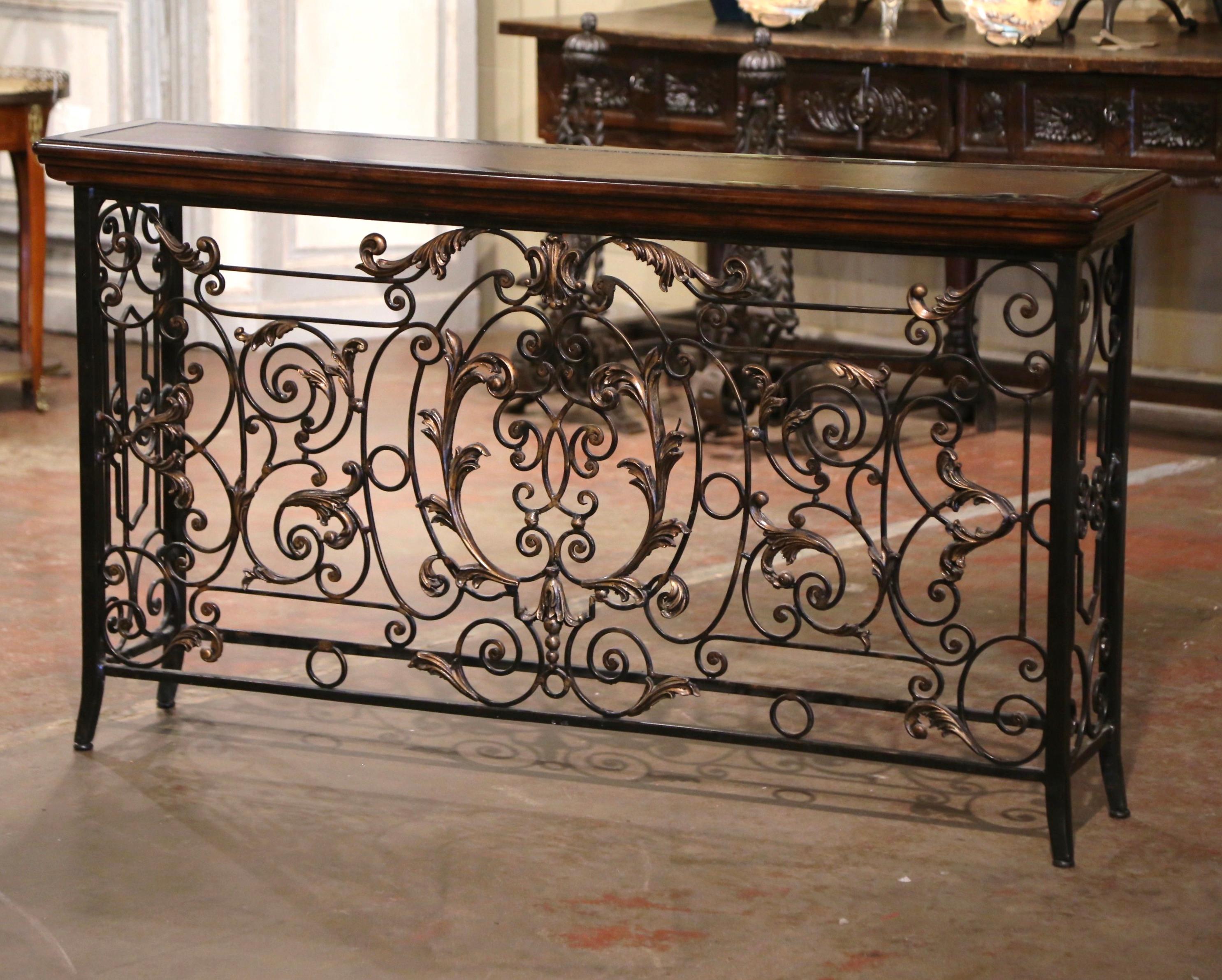 19th Century French Louis XV Wood and Leather Top Wrought Iron Console Table 1