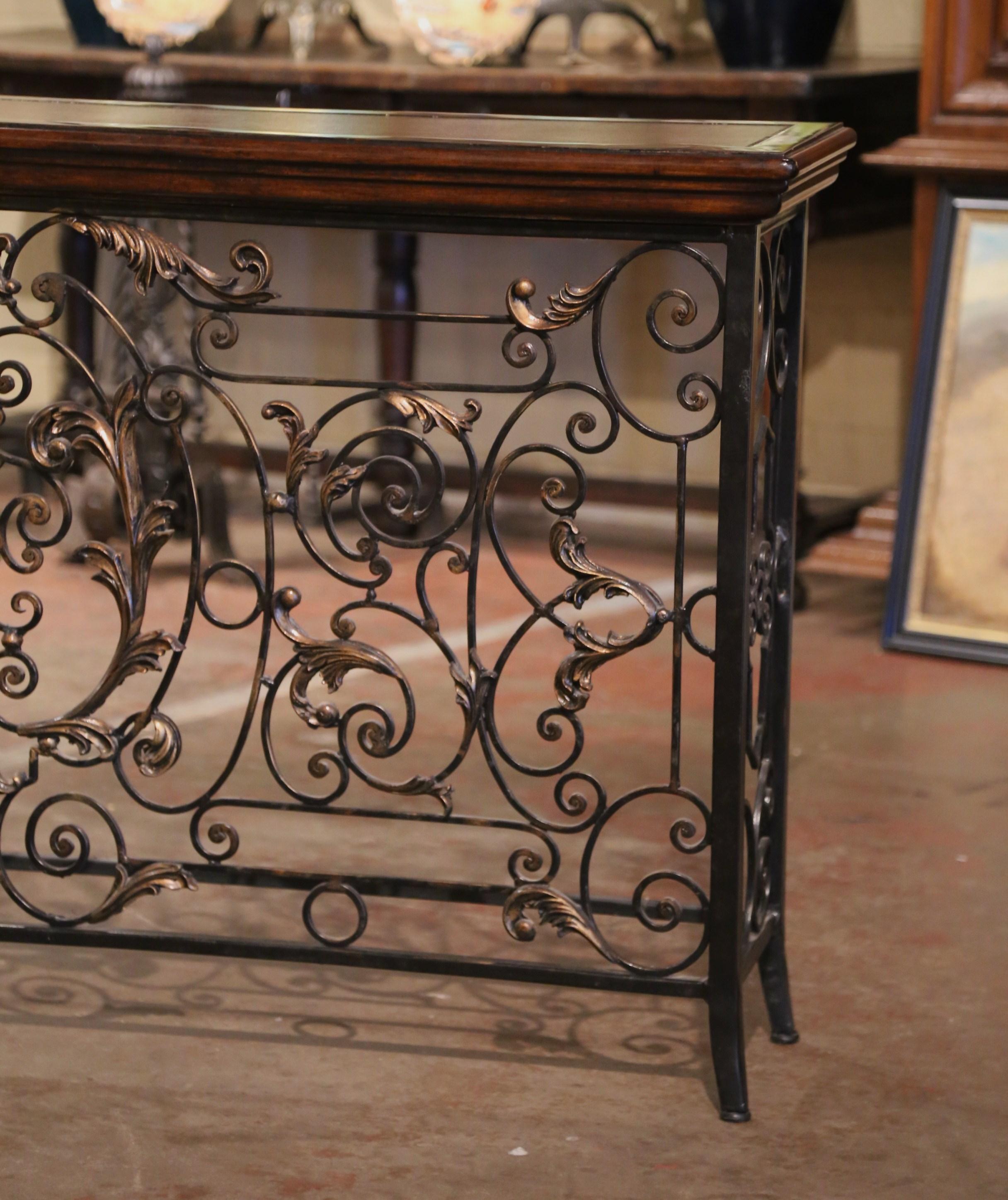 19th Century French Louis XV Wood and Leather Top Wrought Iron Console Table 2