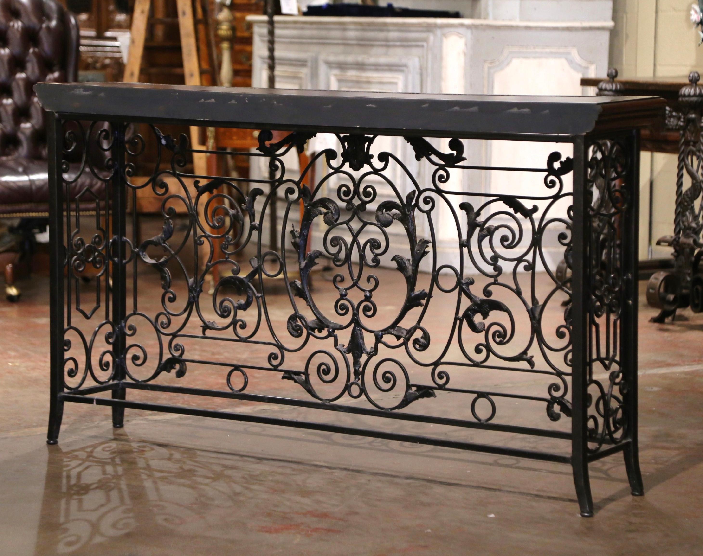 19th Century French Louis XV Wood and Leather Top Wrought Iron Console Table 5